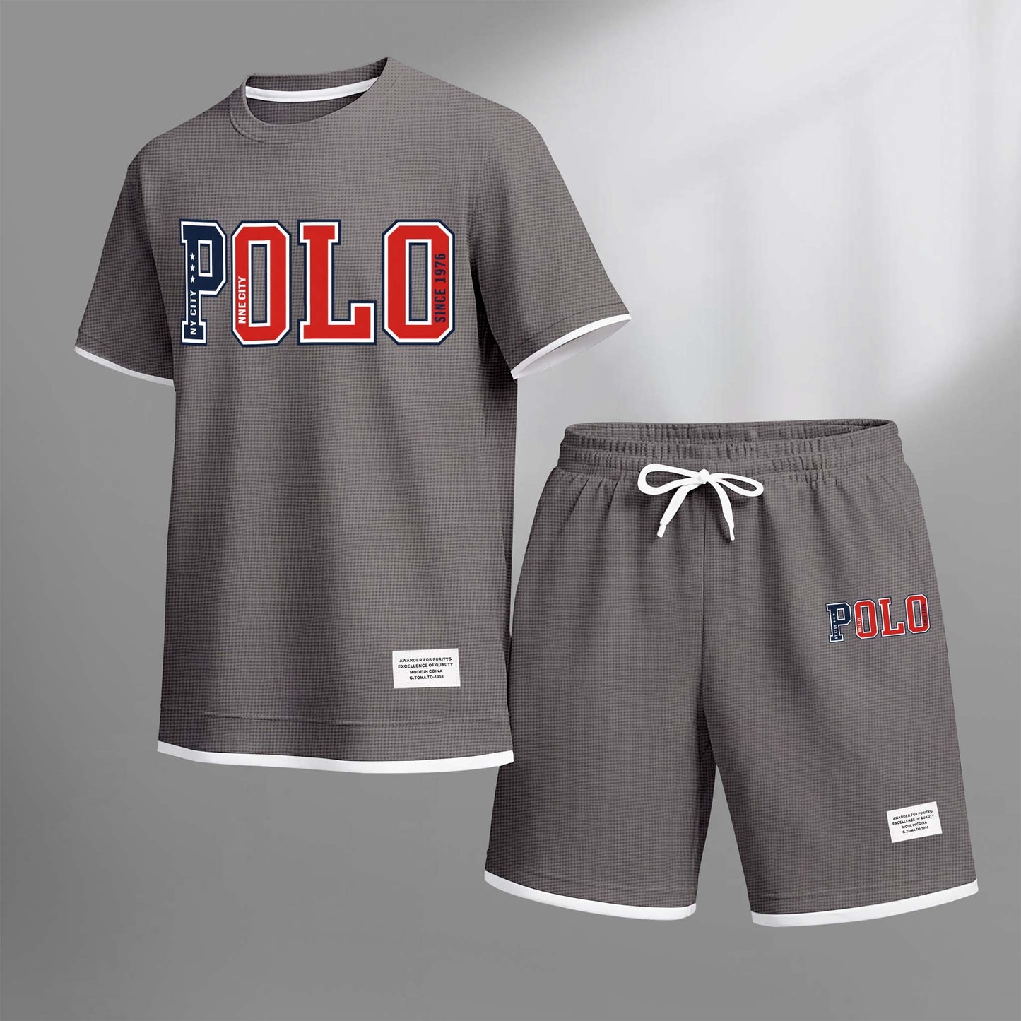 Men's Polo Print Drawstring Shorts Set For Spring/Summer. A Casual Summer Outfit, Including A Short-Sleeved Shirt And Shorts, Suitable For Everyday Wear And Sports. A Two-Piece Set For A Relaxed And Energetic Lifestyle.