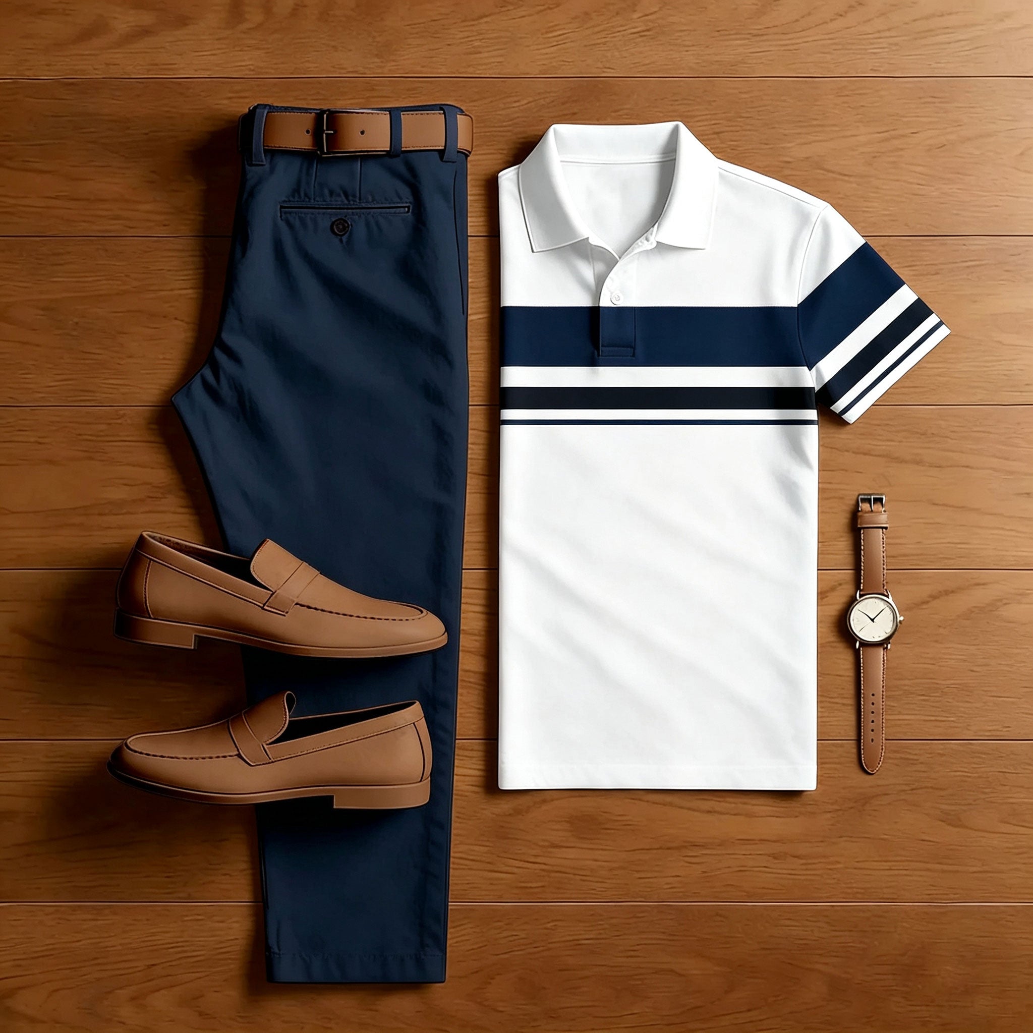 Men's Pink & White Casual Color Matching Striped Printed Short Sleeved Polo Shirt & Trousers Two-Piece Set 201766