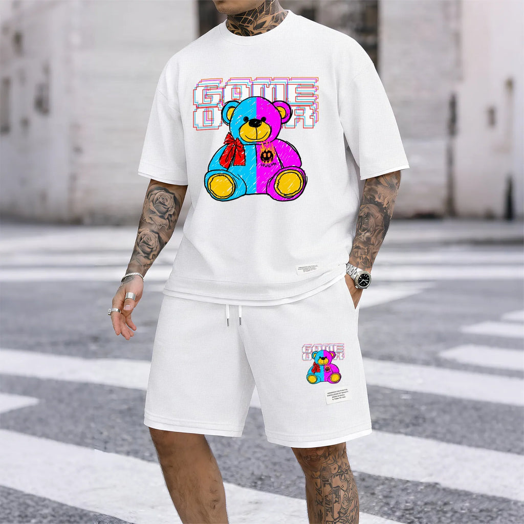 Men's Bear Graphic Print Short Sleeve Shirt and Drawstring Shorts Set, Casual Summer Two-Piece Outfit, Lightweight Breathable Relaxed Fit Athletic Set for Daily Wear, Beach, Vacation, Travel and Loungewear