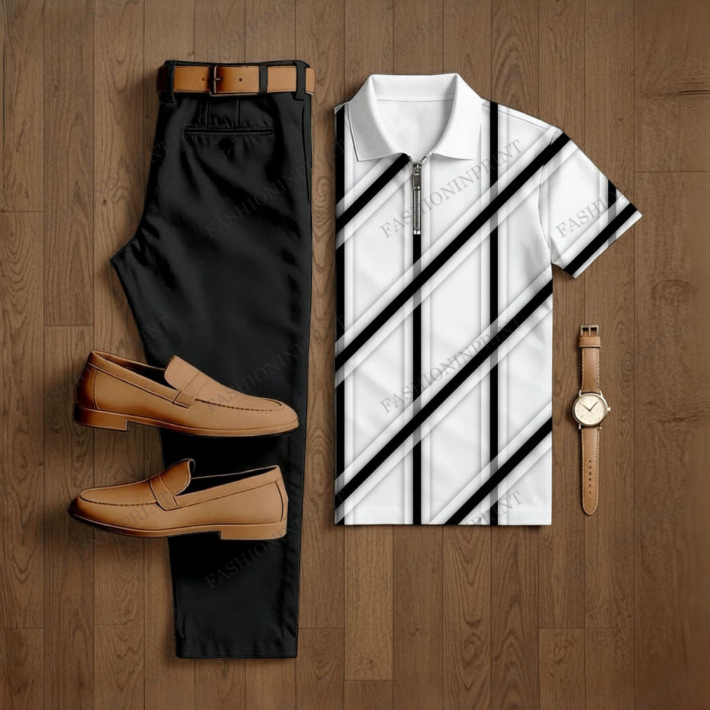 Men's Casual Black & White Color Matching Checkered Printed Short Sleeved Polo Shirt & Trousers Two-Piece Set