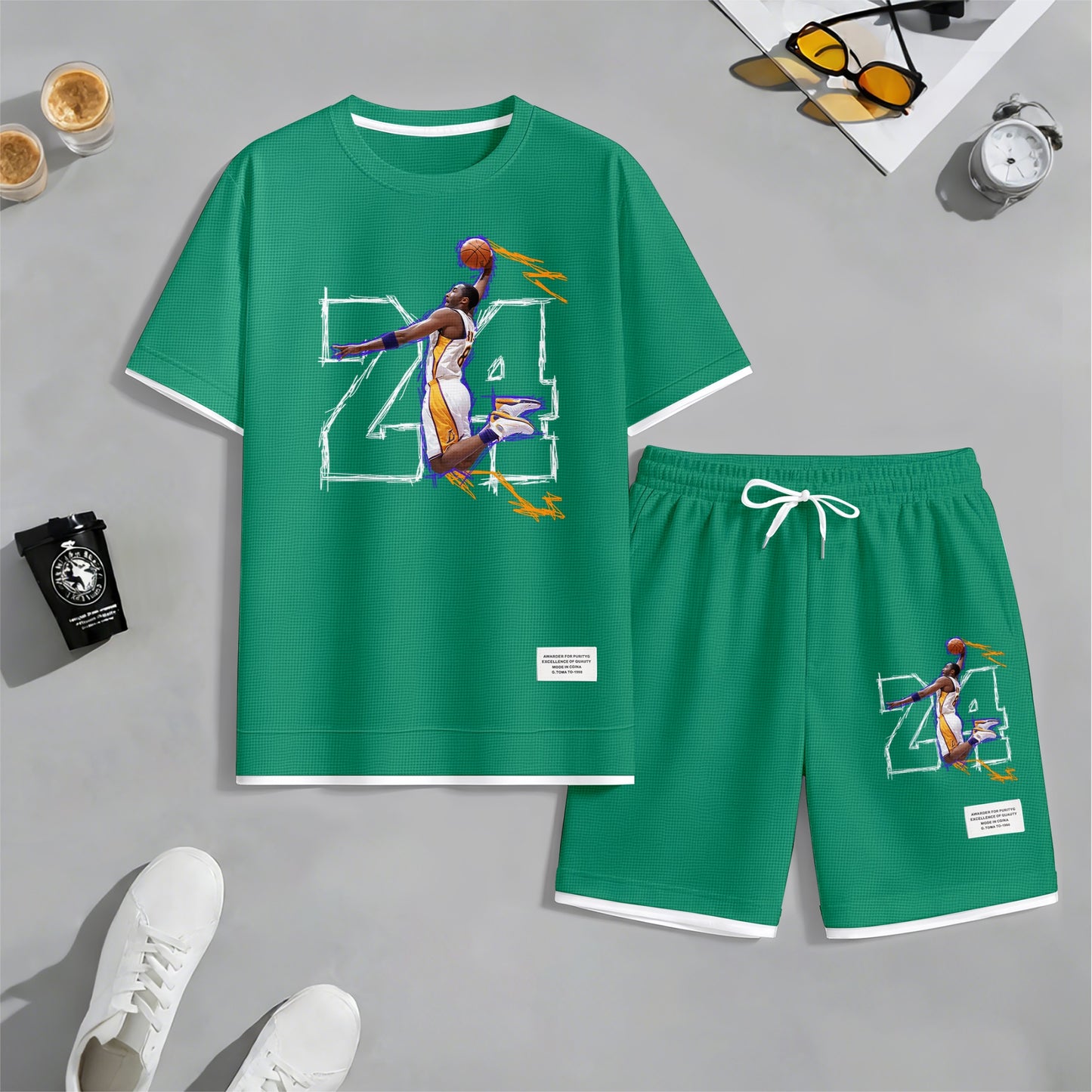 Men's No.24 Basketball Dunk Art Print Short Sleeve T-Shirt & Shorts Set, Summer Lightweight Waffle Sporty Casual Two-Piece Outfit, Streetwear for Basketball, Gym & Daily Wear