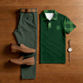 Men's Casual Green & Gray Green Color Matching St. Patrick's Day Checkered Printed Short Sleeved Polo Shirt & Trousers Two-Piece Set