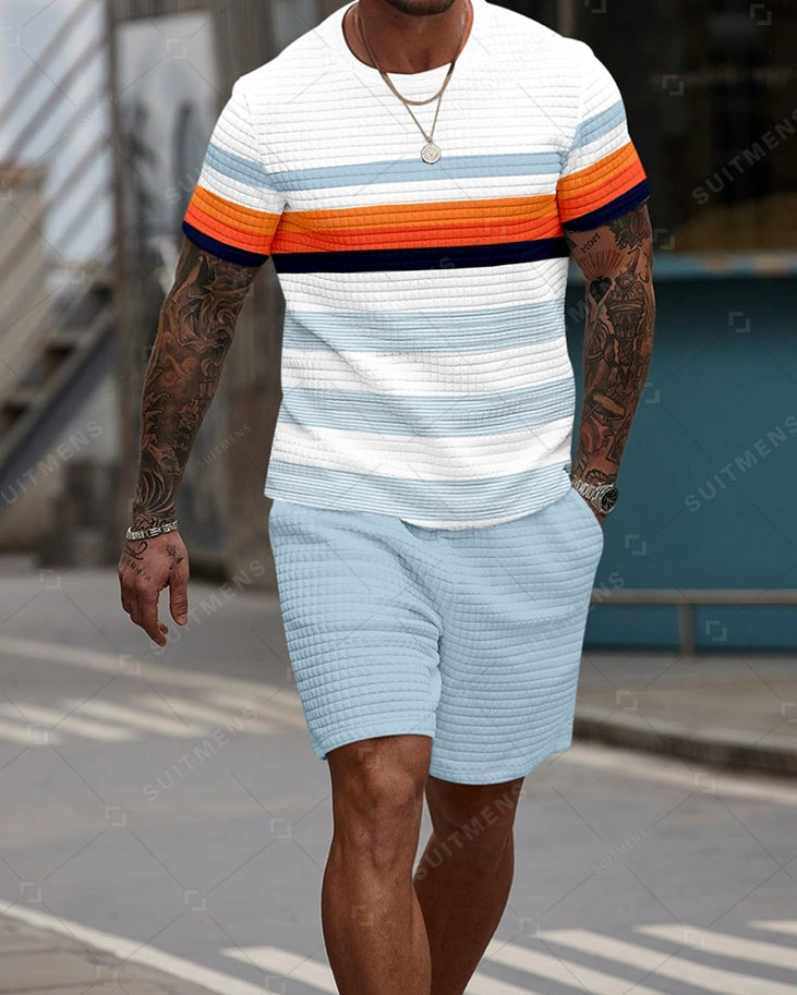 Men's Casual Waffle Textured Summer Round Neck Short Sleeve Shorts Set 004
