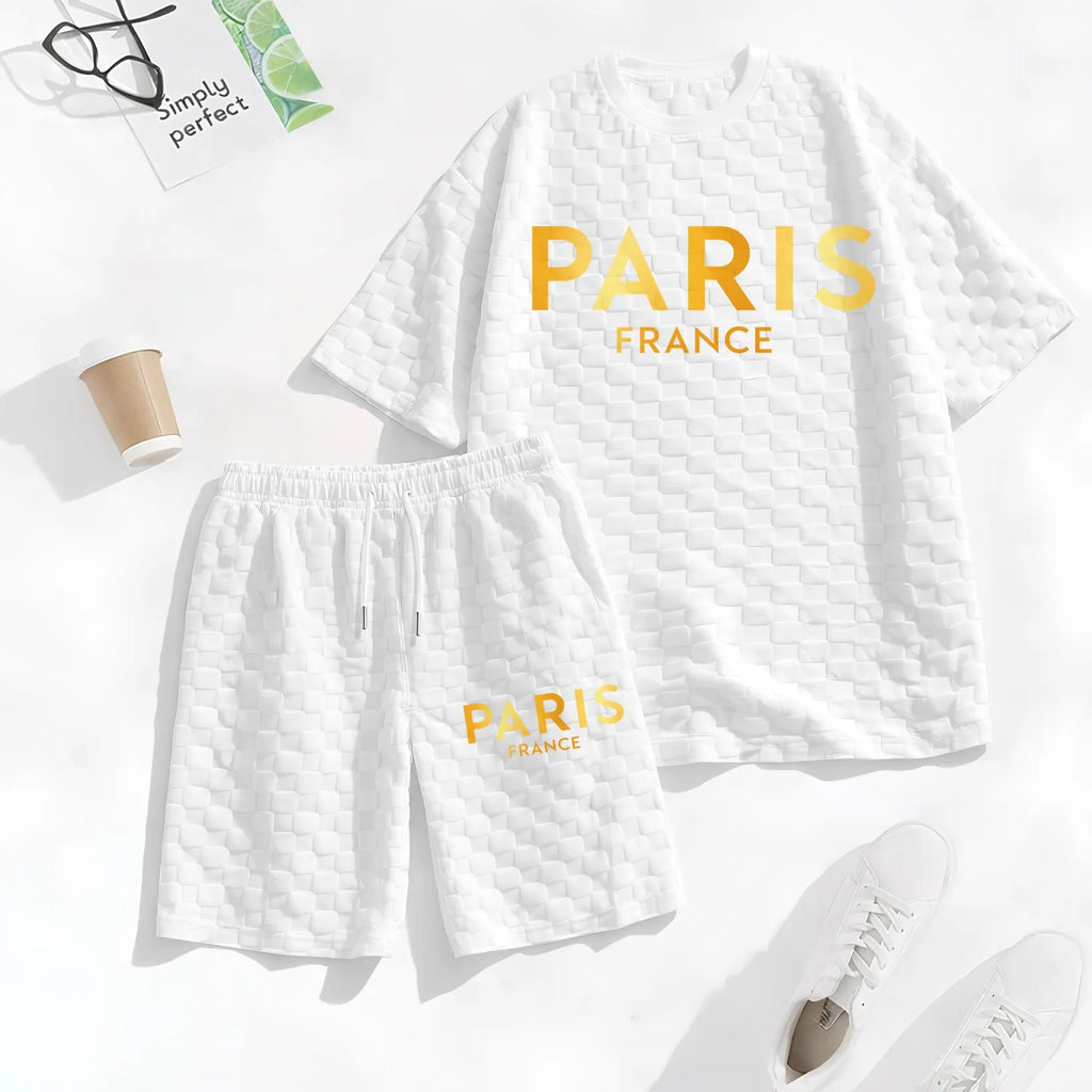 Men's Spring/Summer Drawstring Shorts Set featuring Paris Letter Print and Plaid Fabric—a casual summer ensemble comprising a short-sleeve shirt and shorts, ideal for both everyday wear and athletic activities.