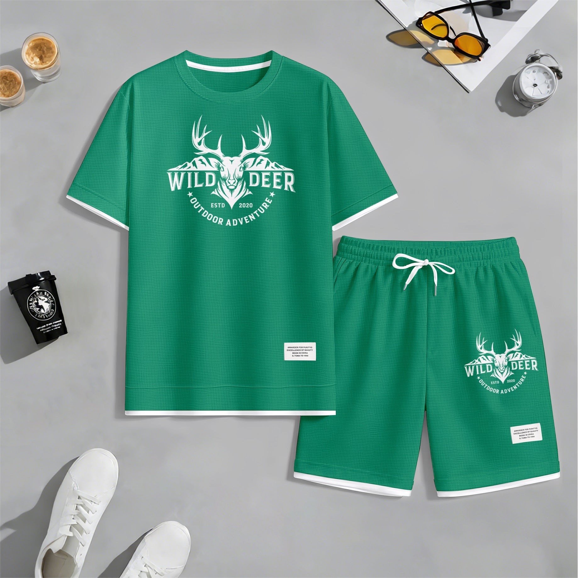 Men's Wild Deer Graphic Print Waffle Short Sleeve T-Shirt & Shorts Set, Summer Lightweight Outdoor Adventure Sporty Casual Two-Piece Outfit, Streetwear for Gym & Daily Wear