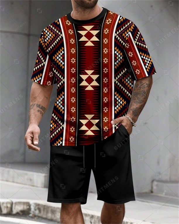 Men's Summer Colorblock Printed Round Neck Set 812