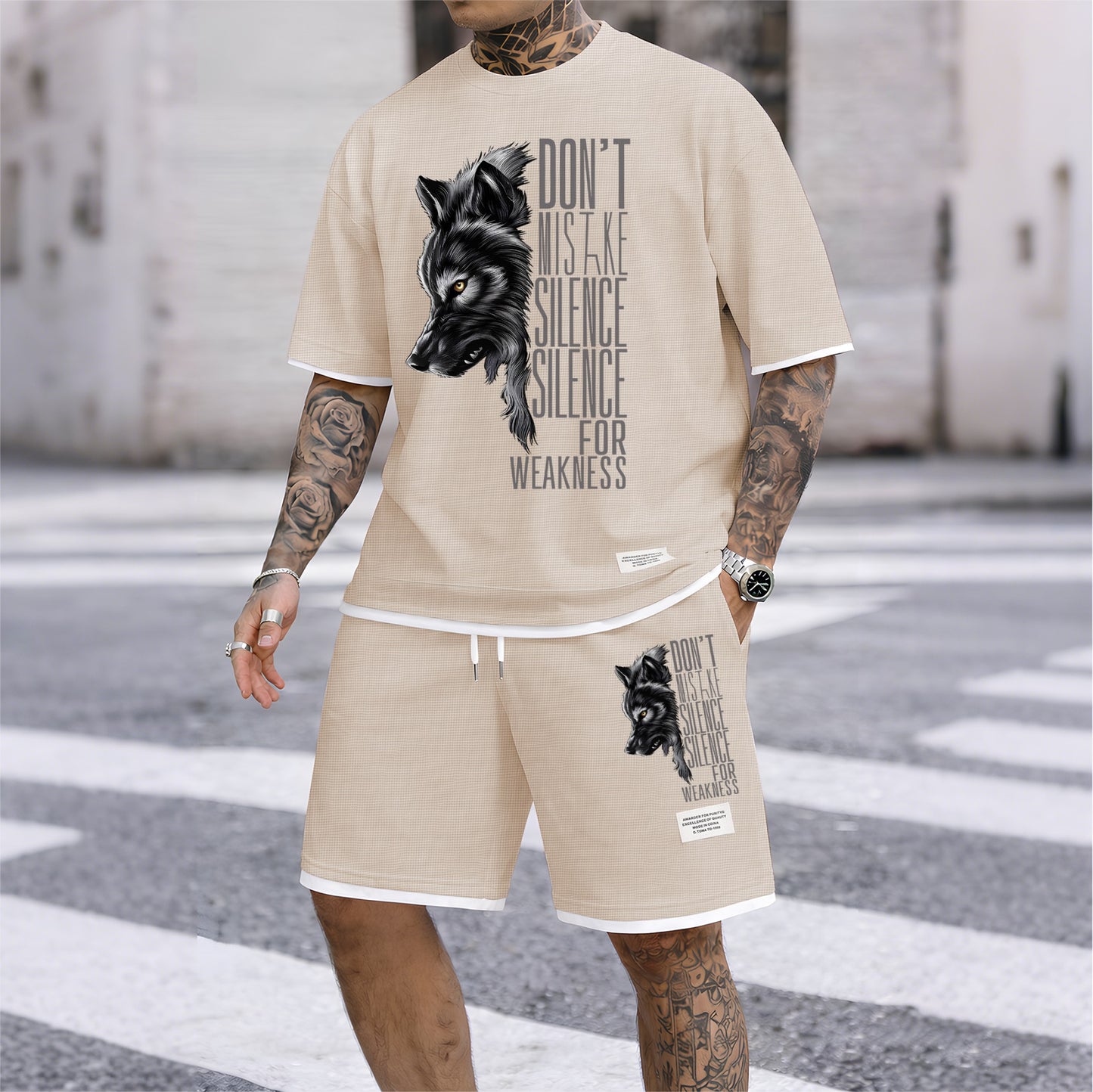 Men's Howling Wolf & "Don't Mistake Silence For Weakness" Quote Graphic Print Waffle Short Sleeve T-Shirt & Shorts Set, Summer Lightweight Casual Sporty Two-Piece Outfit