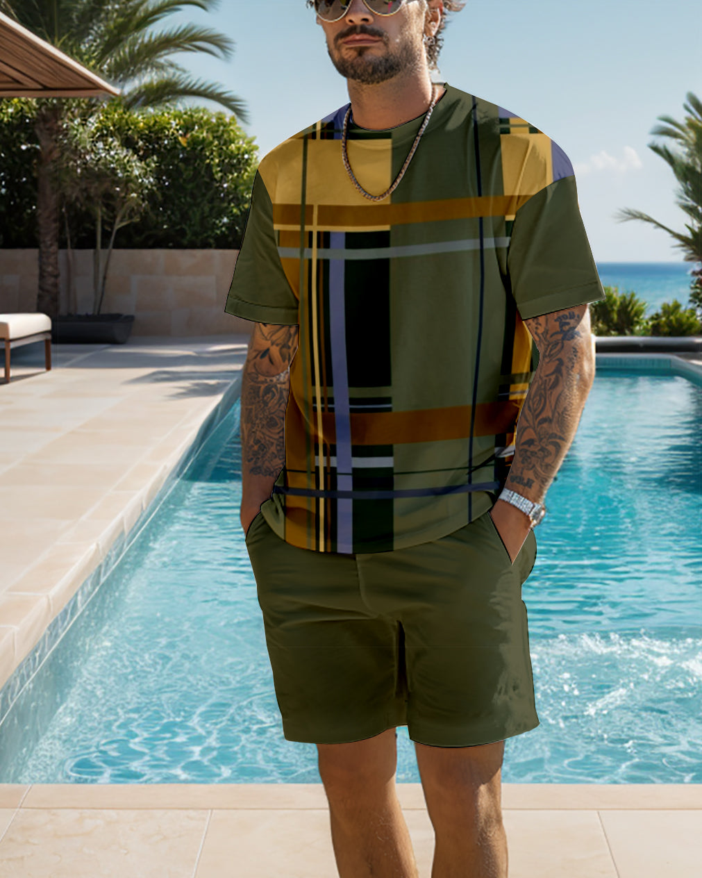Men's color block printed shorts set 470