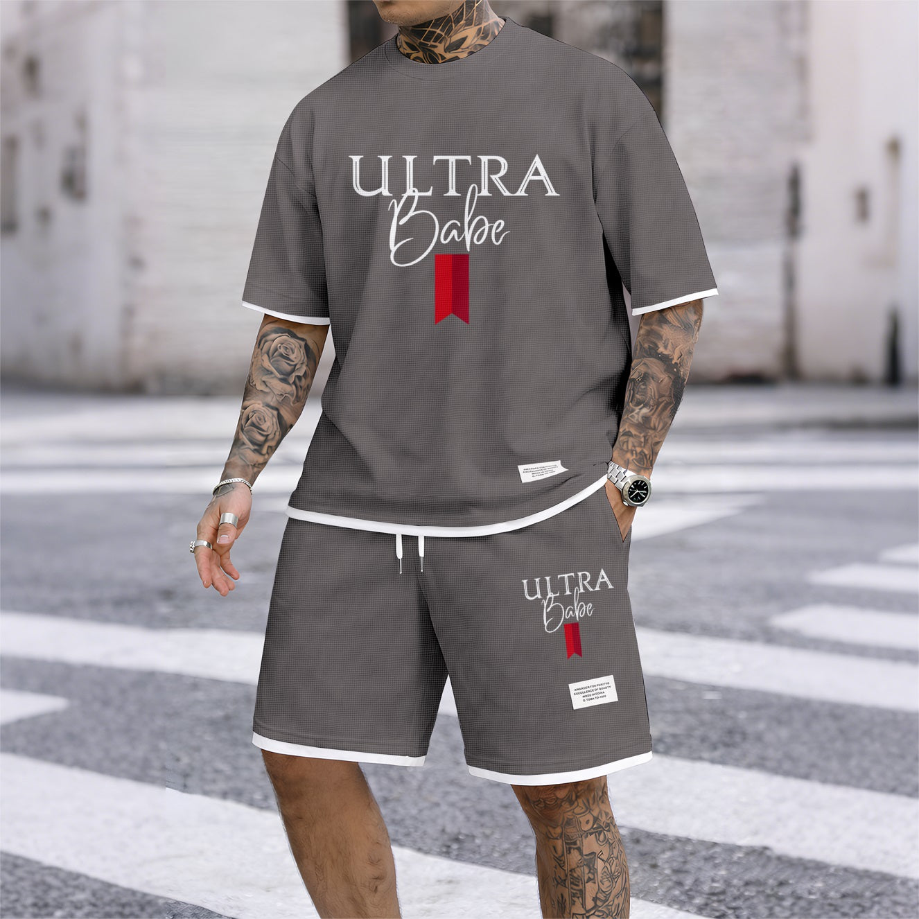 Men's Refreshing Low-Calorie Style Print Waffle Fabric Short-Sleeved Shirt And Shorts Set