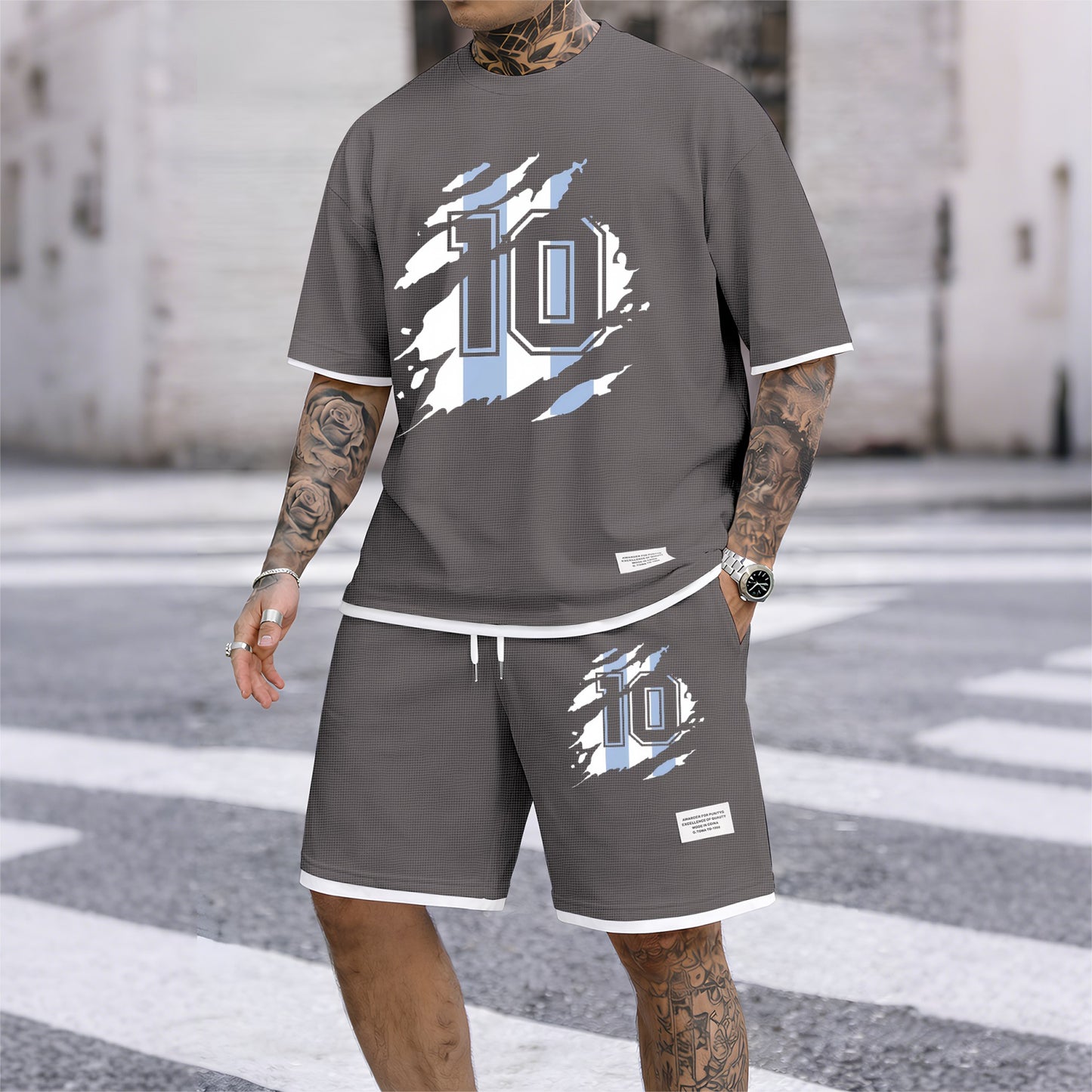 Men's classic number 10 printed drawstring shorts set, suitable for spring and summer wear. This casual summer set includes a short-sleeved shirt and shorts, perfect for everyday wear and sports.