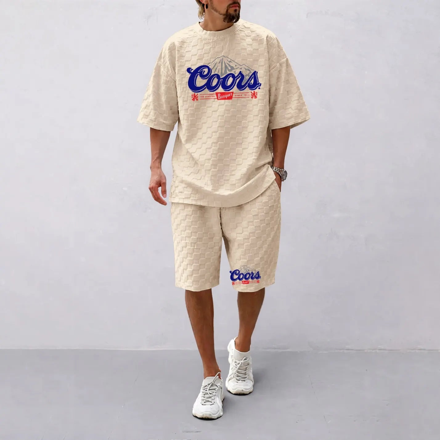 Men's Spring And Summer Vintage Beer Print With Red And Black Line Checkered Fabric Drawstring Shorts Set, Casual Summer Outfit With Short-Sleeved Shirt And Shorts, Ideal For Everyday Wear And Sports Activities
