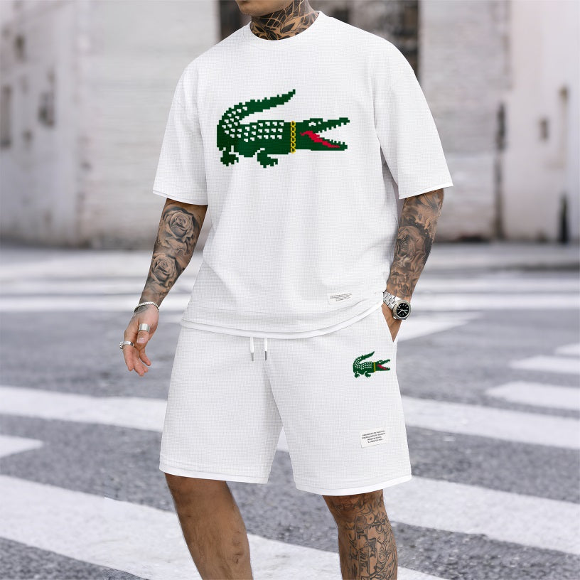 Men's Hip-Hop Crocodile Print Waffle Fabric Short-Sleeved Shirt And Shorts Set 02