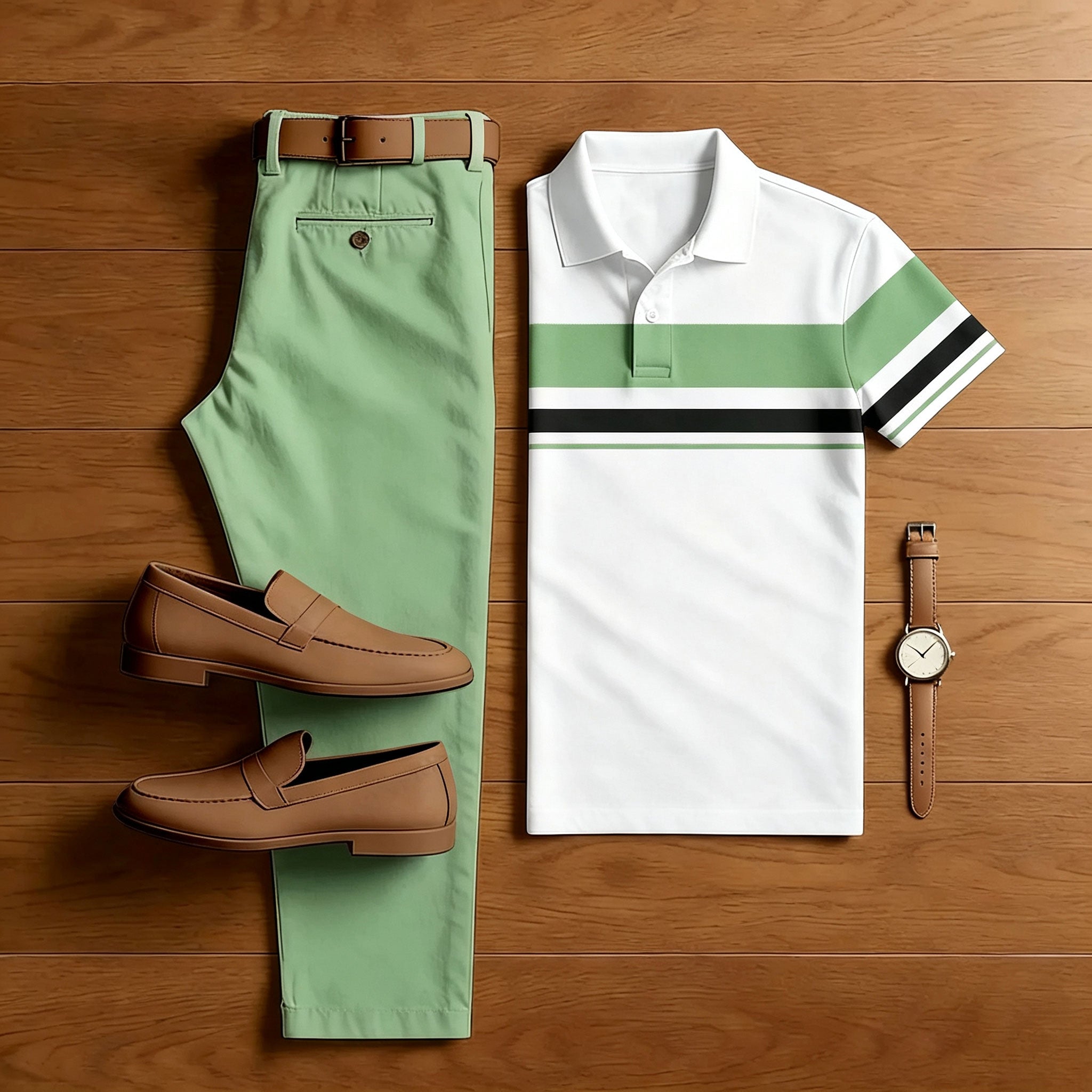 Men's Pink & White Casual Color Matching Striped Printed Short Sleeved Polo Shirt & Trousers Two-Piece Set 201766
