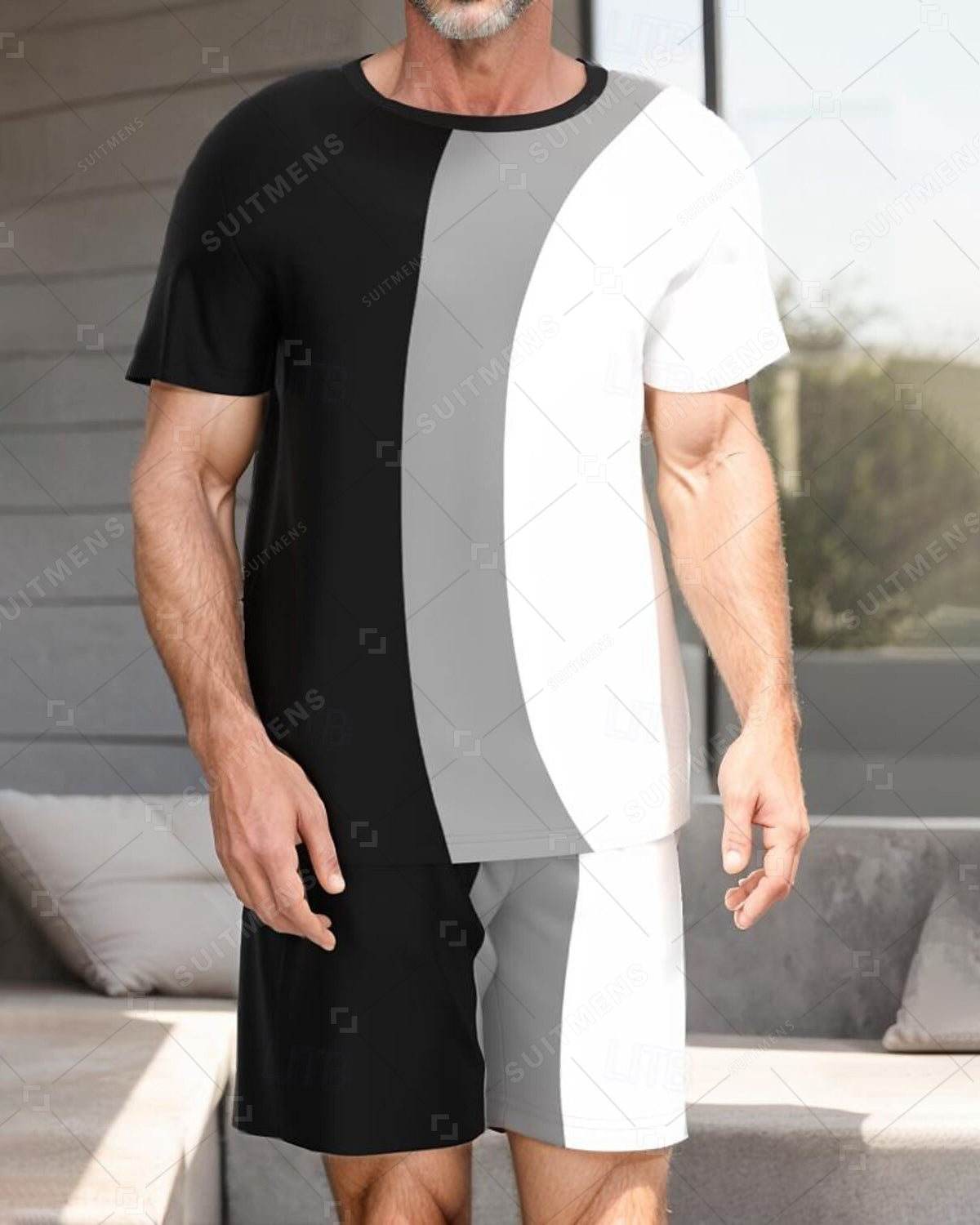 Men's Summer Color Matching Print Round Neck Set 242