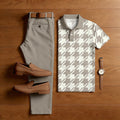 Men's Casual Khaki Plaid Printed Polo Shirt And Pants Two-Piece Set