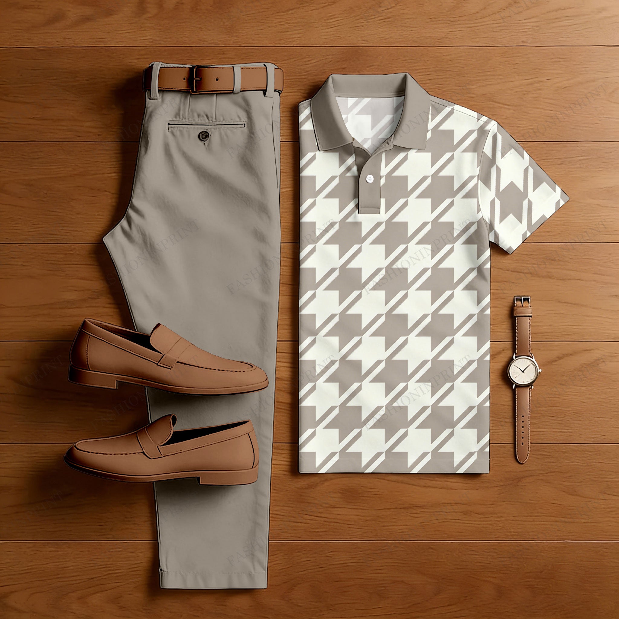 Men's Casual Khaki Plaid Printed Polo Shirt And Pants Two-Piece Set