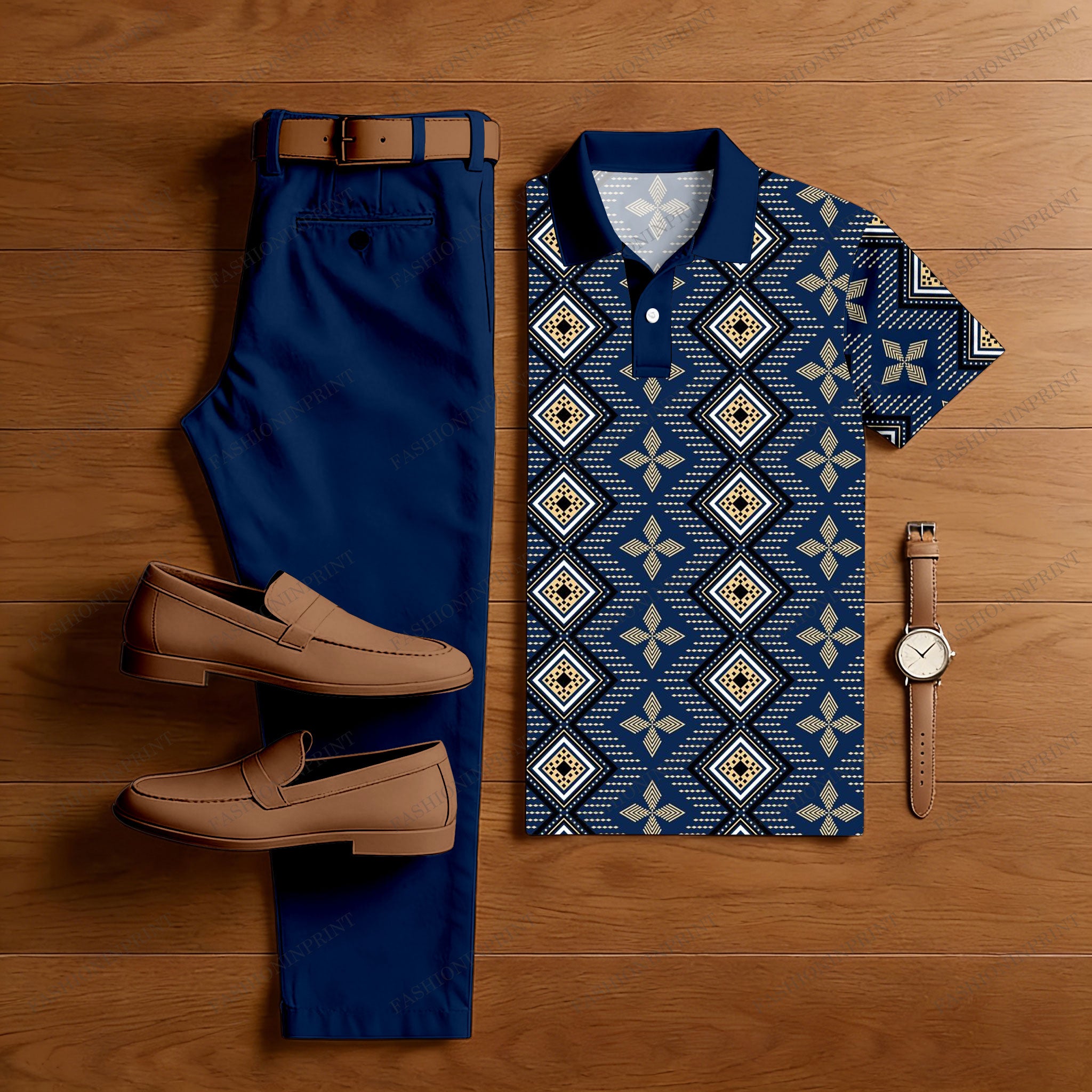 Men's Casual Navy Blue Retro Flower Checkered Printed Short Sleeved Polo Shirt & Trousers Two-Piece Set