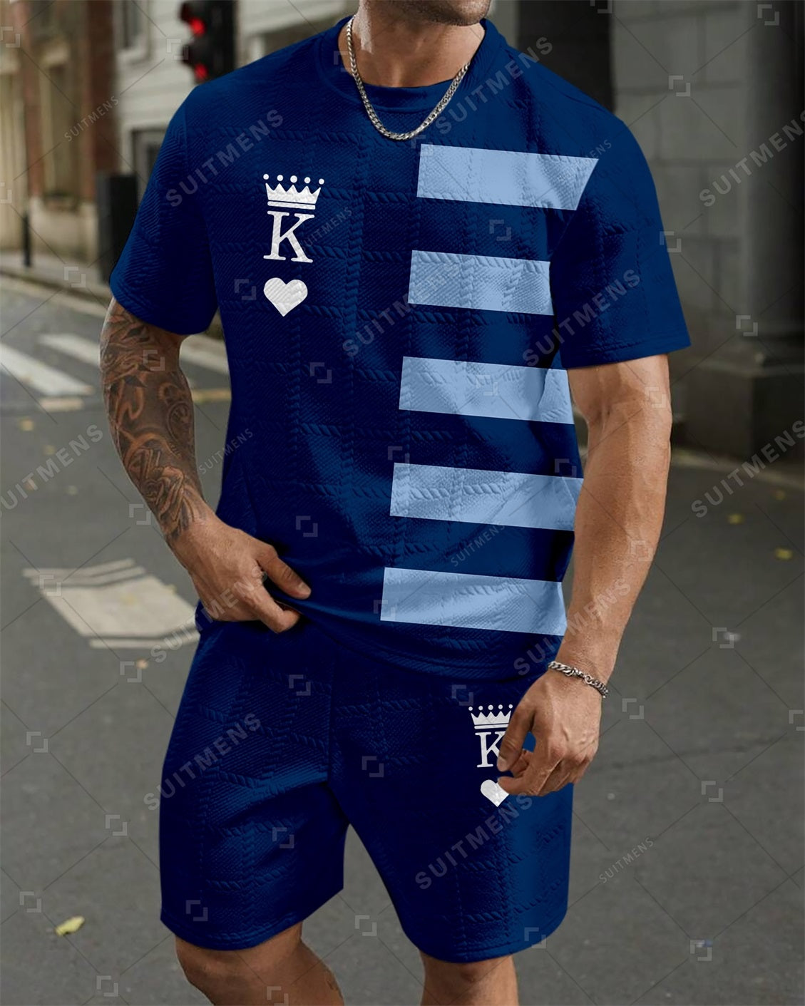 Men's Jacquard Textured Color Block Printed Short Sleeve Shorts Set 005