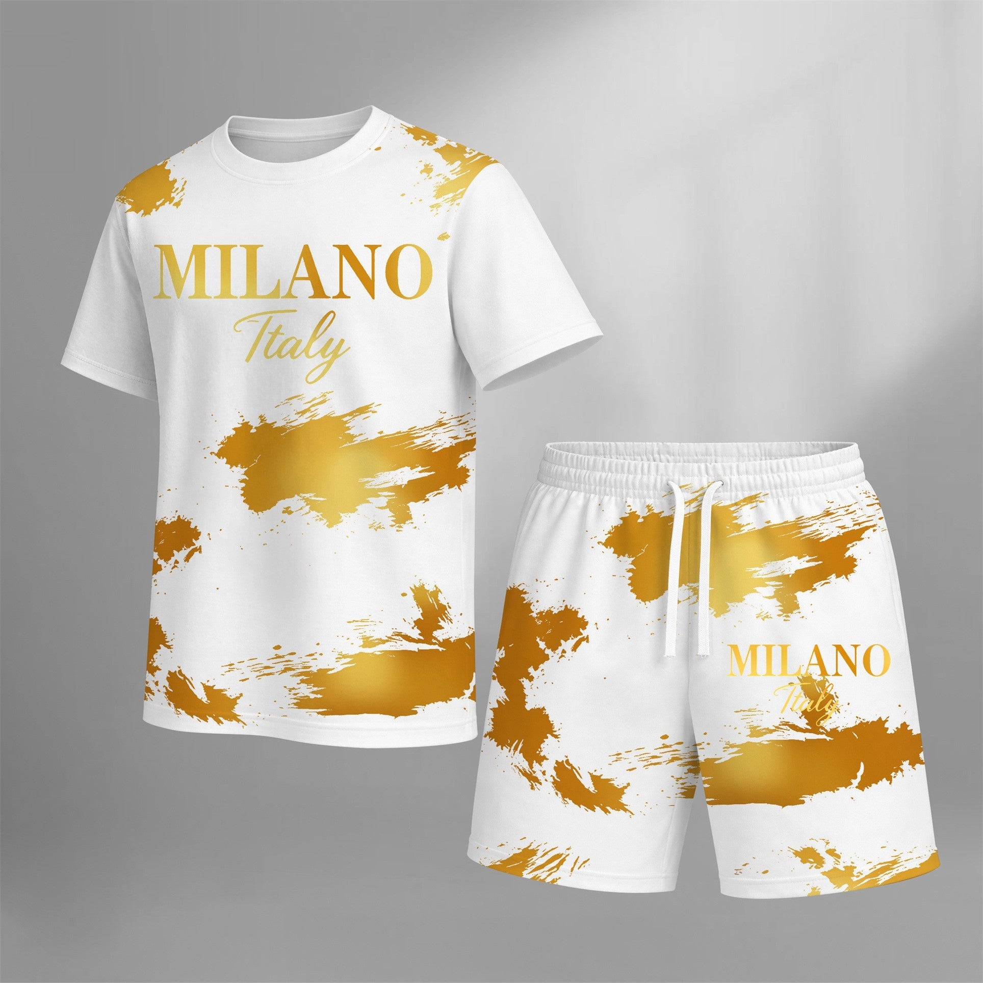 Men’s MILANO Graphic T Shirt and Shorts Set, Italy Inspired 2 Piece Matching Outfit with Short Sleeve Tee and Elastic Waist Drawstring Shorts, Soft Breathable Summer Set for Holiday, Street Style, Travel, and Everyday Wear