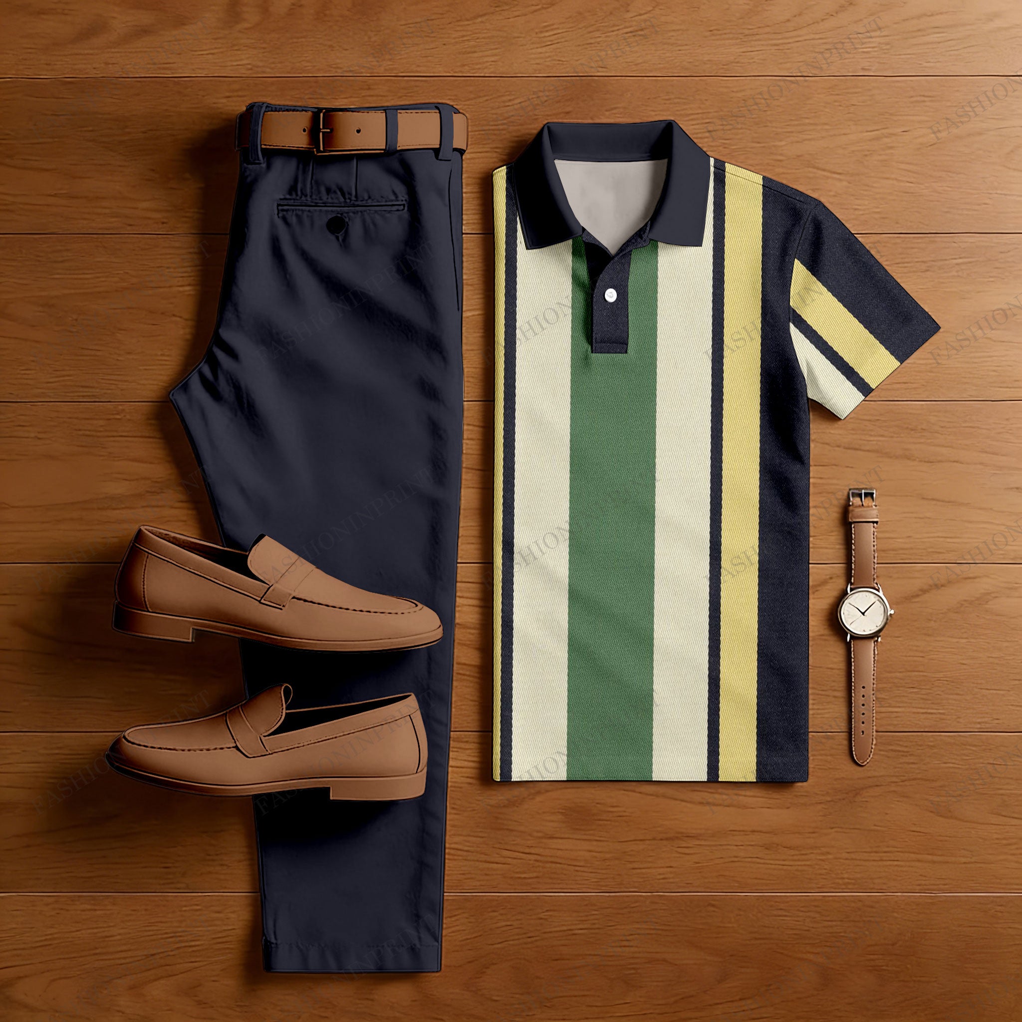 Men's Casual Dark Navy Blue & Yellow & Green Color Matching Striped Printed Short Sleeved Polo Shirt & Trousers Two-Piece Set