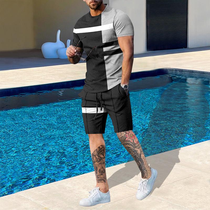 Suitmens Men's Printed Round Neck Short Sleeve Suit 15