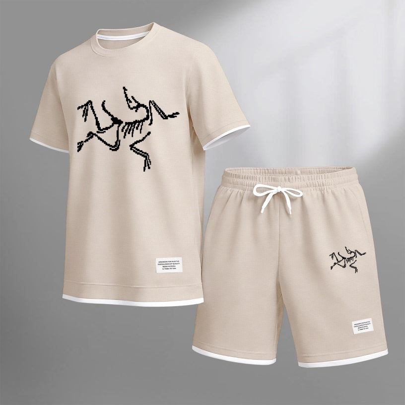 Men's Pixel-style Bird Skeleton Print Waffle Fabric Short-Sleeved Shirt And Shorts Set