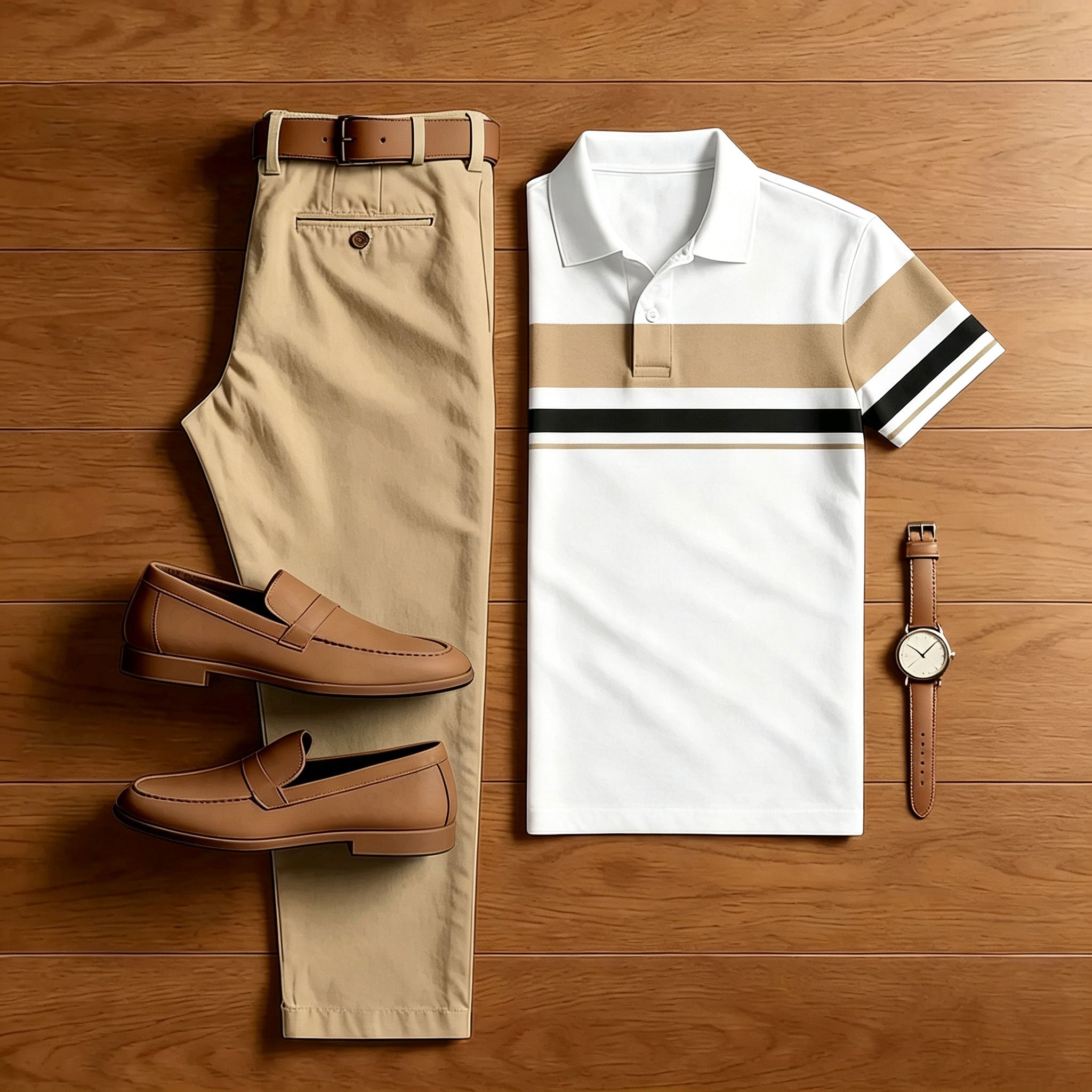 Men's Pink & White Casual Color Matching Striped Printed Short Sleeved Polo Shirt & Trousers Two-Piece Set 201766