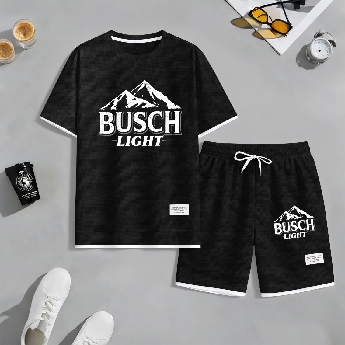 Men's Retro Mountain Beer Print Waffle Fabric Short-Sleeved Shirt And Shorts Set
