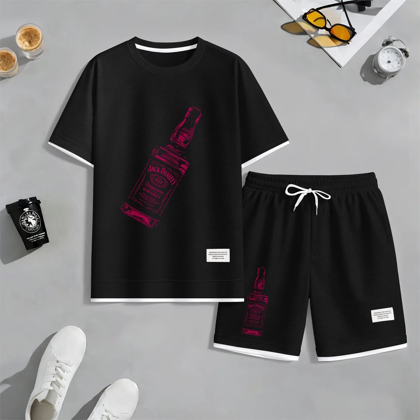 Men's Beer And Beverage Printed Drawstring Shorts Set, Suitable For Spring And Summer Wear, Casual Summer Set, Including Short-Sleeved Shirt And Shorts, Suitable For Everyday Wear And Sports 07