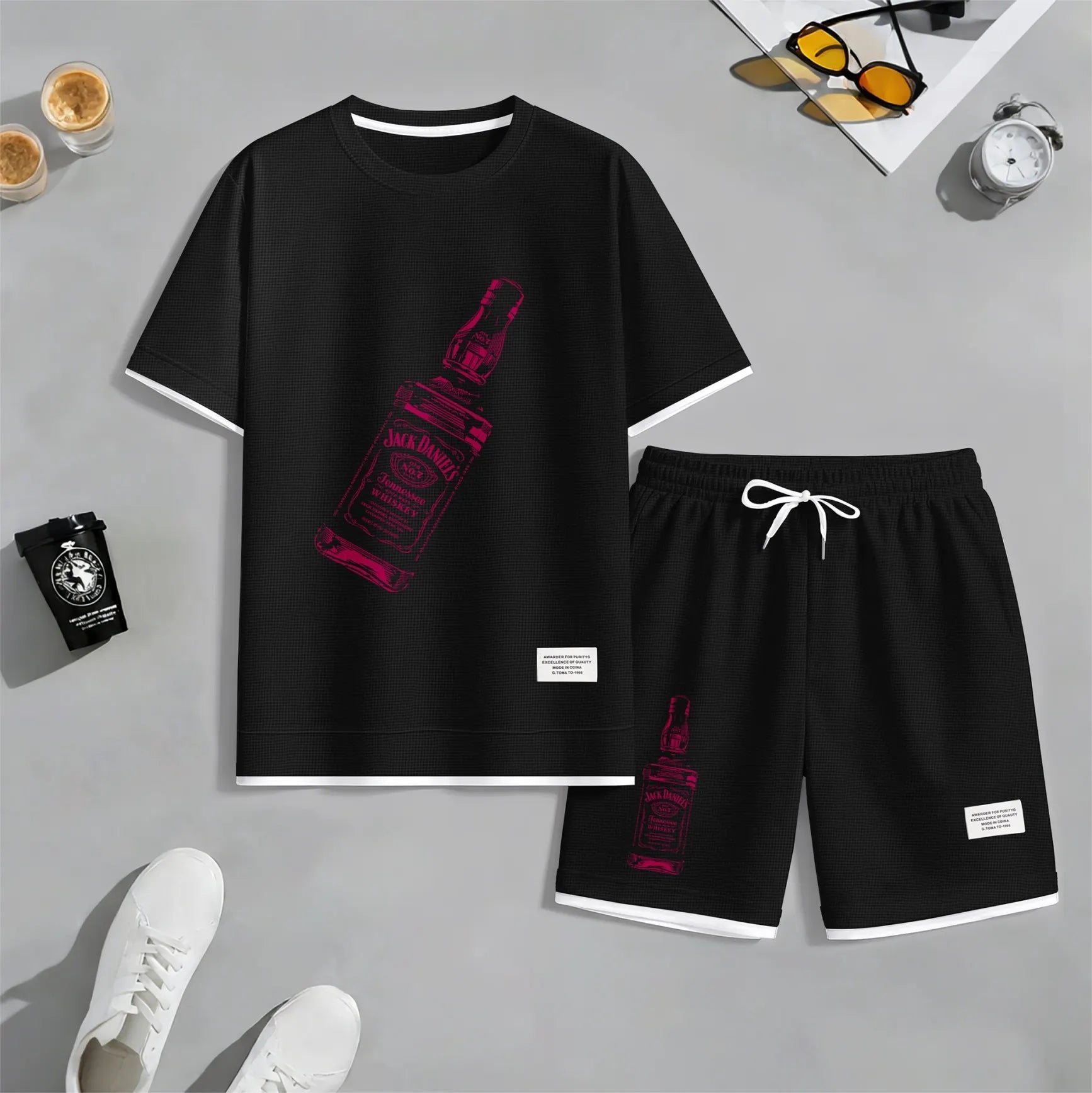 Men's Beer And Beverage Printed Drawstring Shorts Set, Suitable For Spring And Summer Wear, Casual Summer Set, Including Short-Sleeved Shirt And Shorts, Suitable For Everyday Wear And Sports 07
