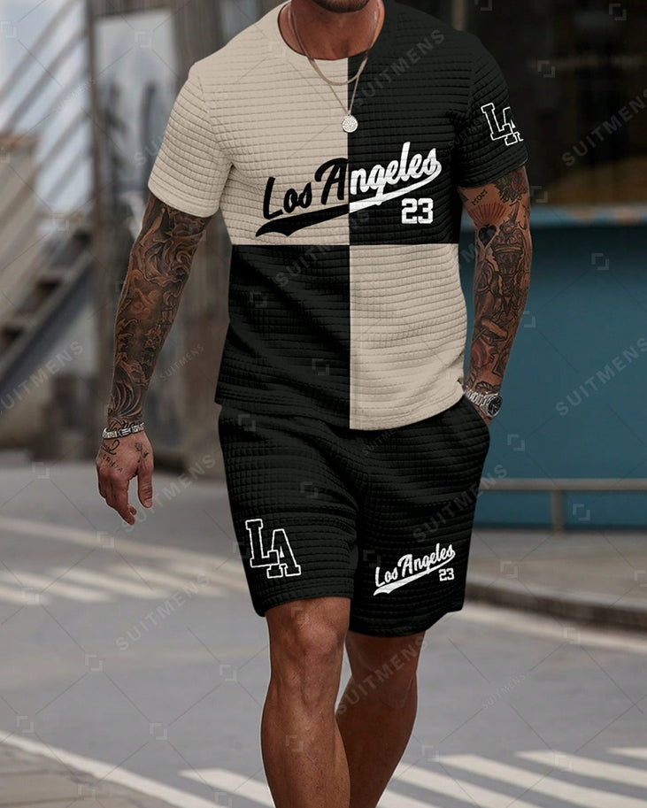 Men's Casual Waffle Textured Summer Round Neck Short Sleeve Shorts Set 009