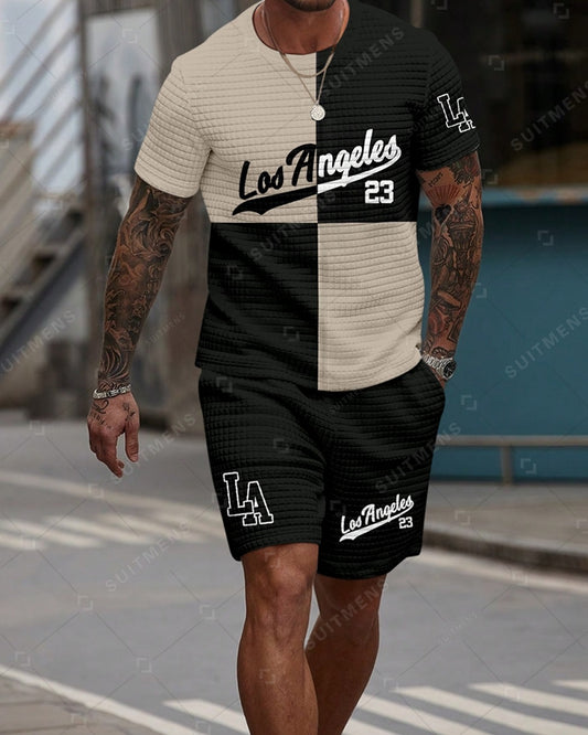 Men's Casual Waffle Textured Summer Round Neck Short Sleeve Shorts Set 009