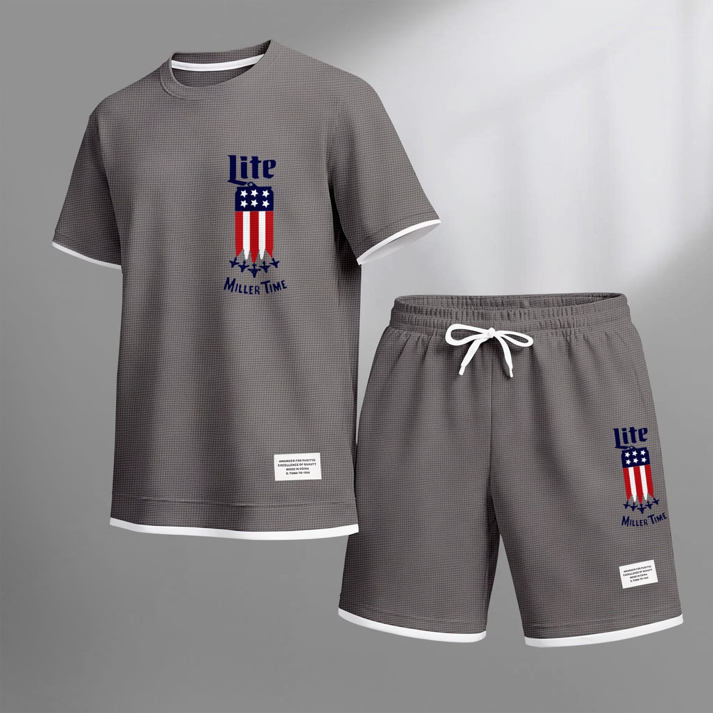 Men's Beer And Beverage Printed Drawstring Shorts Set, Suitable For Spring And Summer Wear, Casual Summer Set, Including Short-Sleeved Shirt And Shorts, Suitable For Everyday Wear And Sports 012