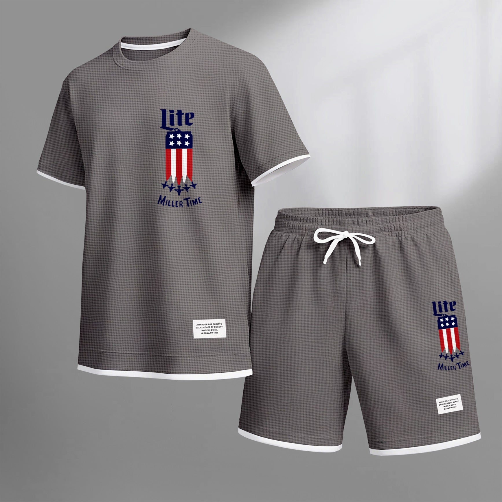 Men's Beer And Beverage Printed Drawstring Shorts Set, Suitable For Spring And Summer Wear, Casual Summer Set, Including Short-Sleeved Shirt And Shorts, Suitable For Everyday Wear And Sports 012