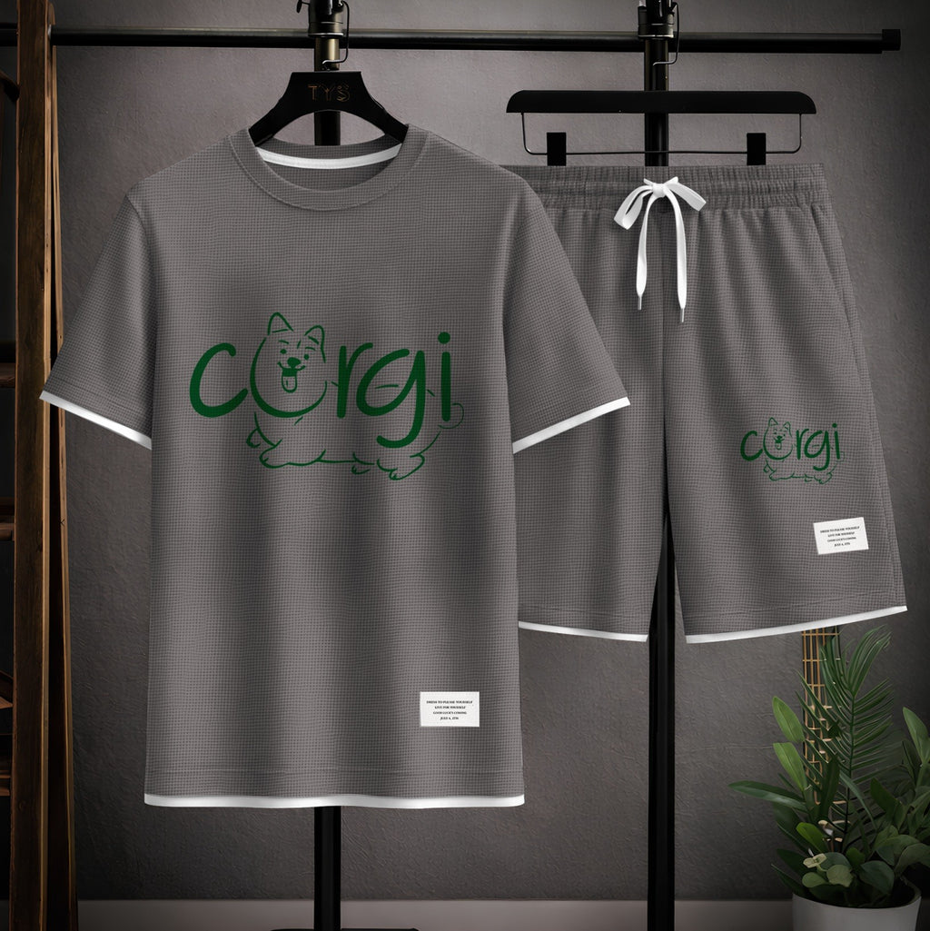 Men's Corgi Graphic Print Short Sleeve Shirt and Drawstring Shorts Set, Casual Summer Two-Piece Outfit, Lightweight Breathable Relaxed Fit Athletic Set for Daily Wear, Beach, Vacation, Travel and Loungewear