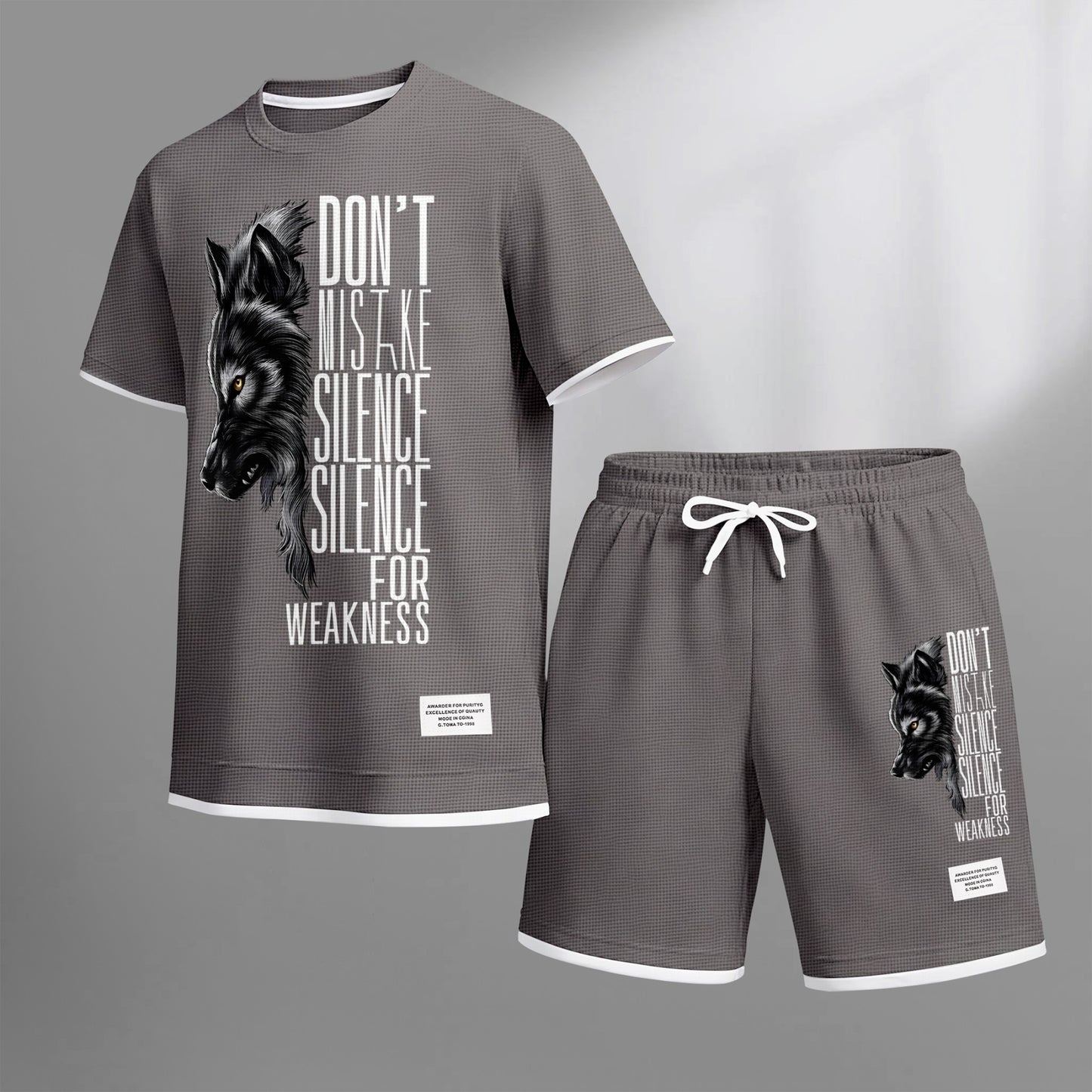 Men's Howling Wolf & "Don't Mistake Silence For Weakness" Quote Graphic Print Waffle Short Sleeve T-Shirt & Shorts Set, Summer Lightweight Casual Sporty Two-Piece Outfit