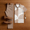 Men's Casual Khaki Geometry Printed Polo Shirt And Pants Two-Piece Set