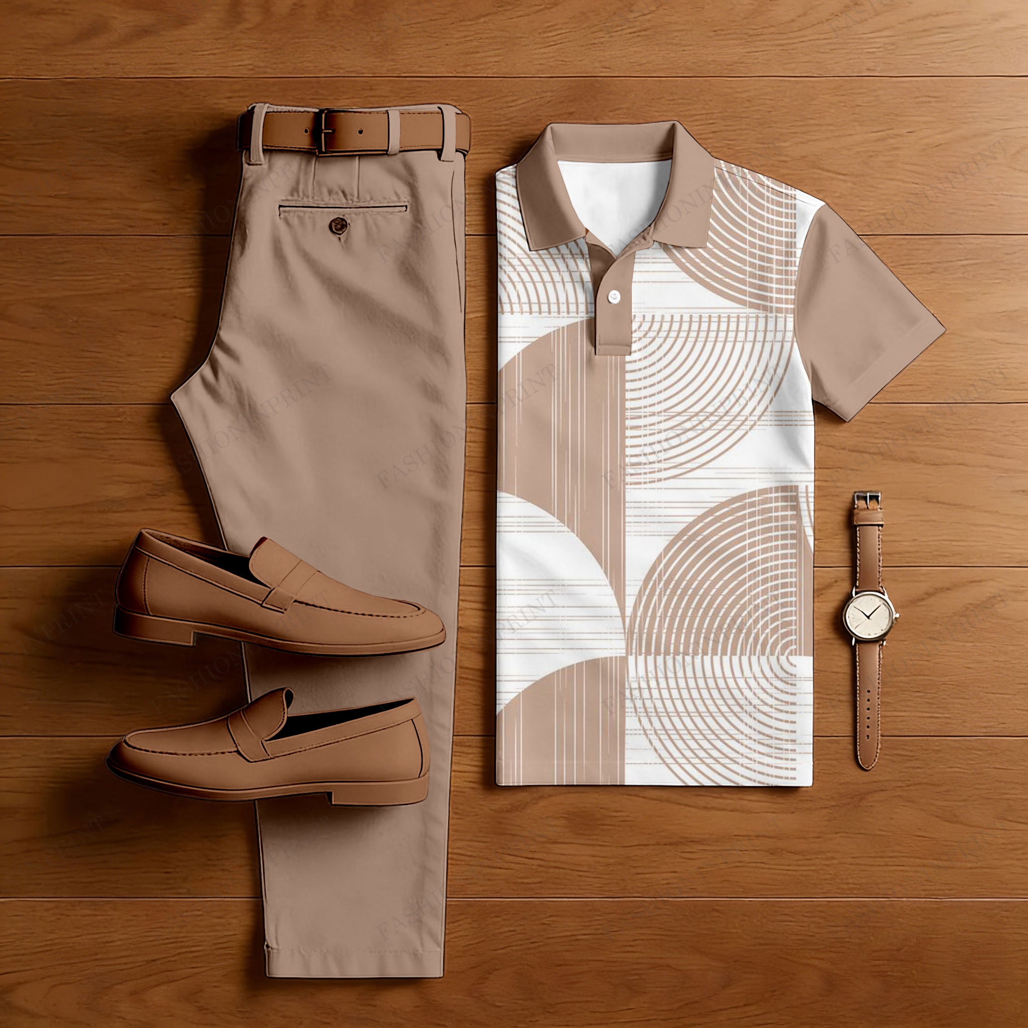 Men's Casual Khaki Geometry Printed Polo Shirt And Pants Two-Piece Set