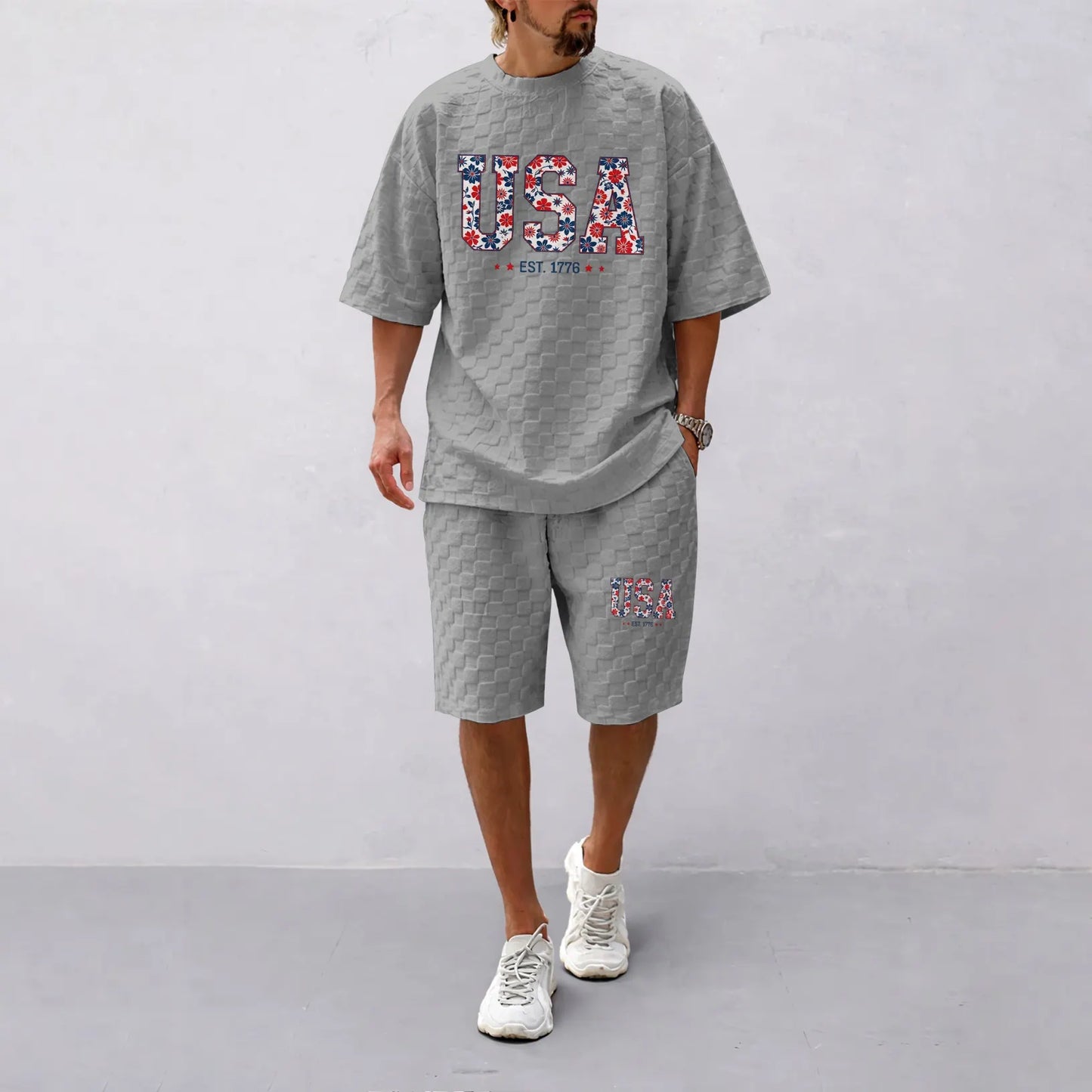 Men's Spring/Summer Drawstring Shorts Set featuring Beverage-Print Plaid Fabric—A casual summer ensemble comprising a short-sleeve shirt and shorts, ideal for both daily wear and athletic activities