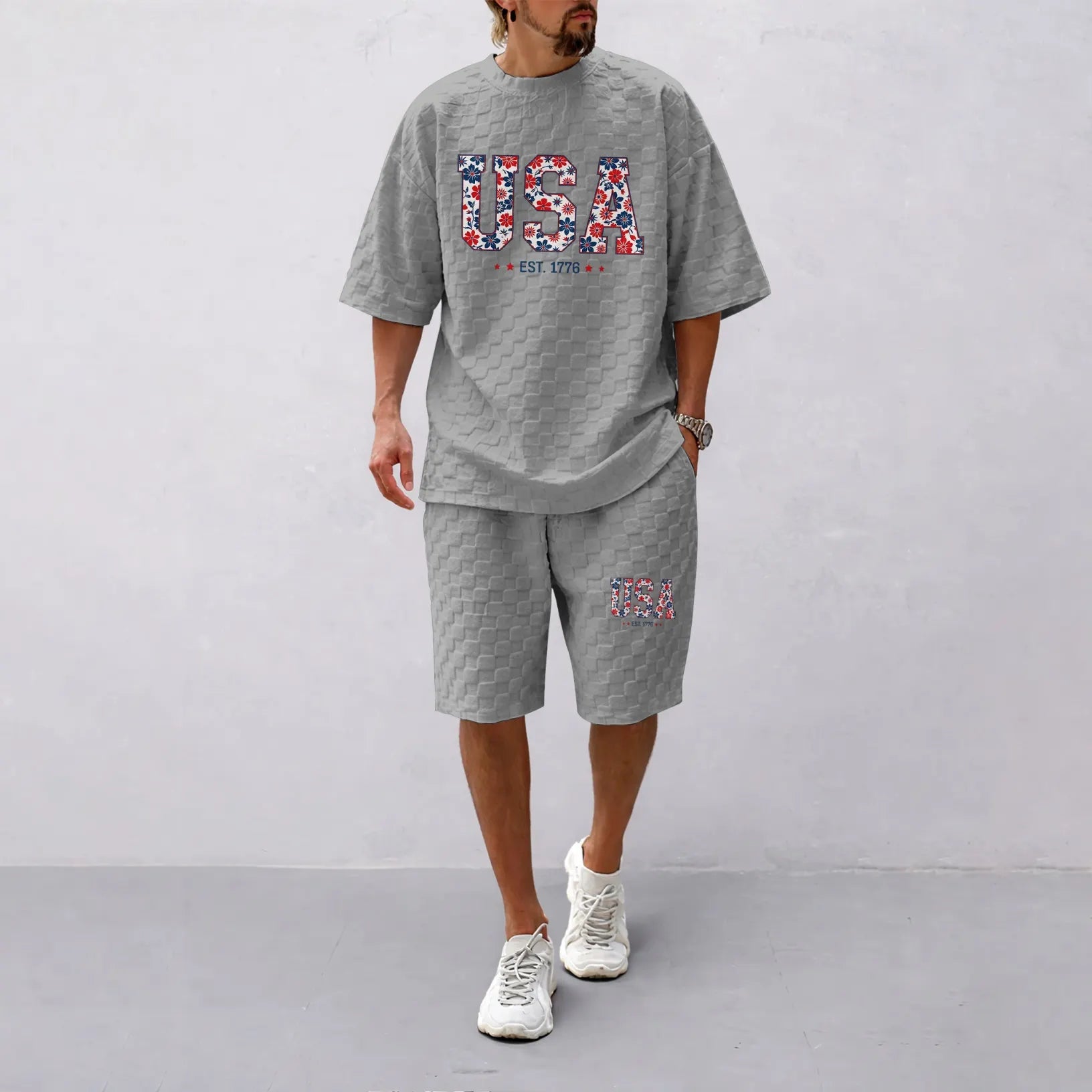 Men's Spring/Summer Drawstring Shorts Set featuring Beverage-Print Plaid Fabric—A casual summer ensemble comprising a short-sleeve shirt and shorts, ideal for both daily wear and athletic activities
