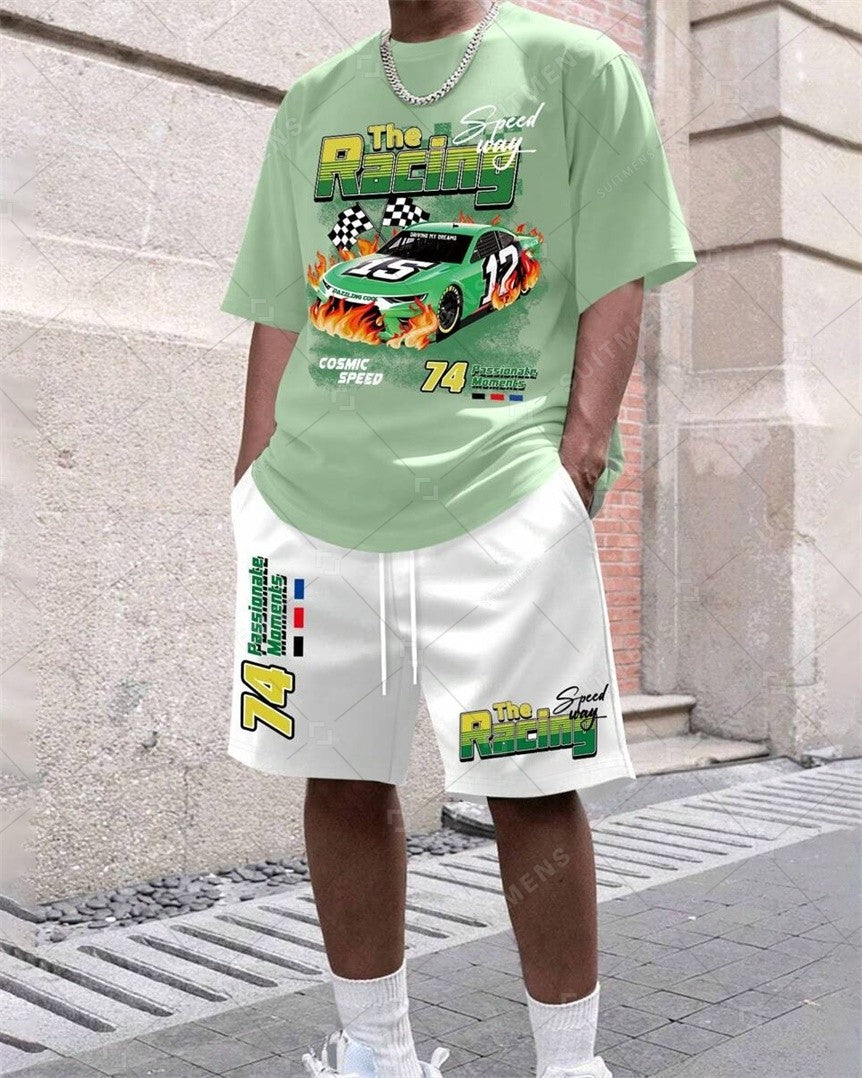 Men's Summer Car Print Round Neck Set 260