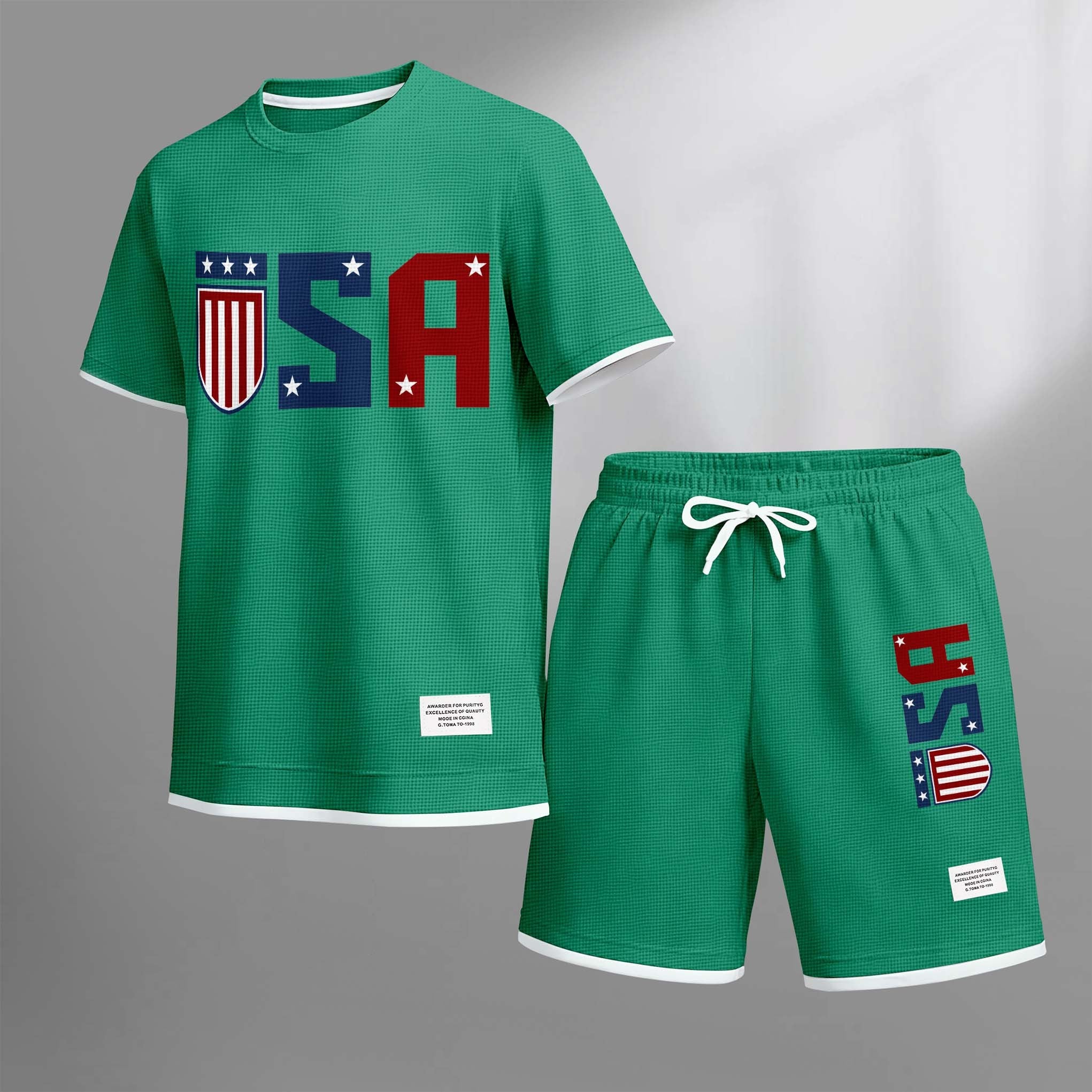 Men's USA Star Print Drawstring Shorts Set For Spring/Summer. A Casual Summer Outfit, Including A Short-Sleeved Shirt And Shorts, Suitable For Everyday Wear And Sports. A Two-Piece Set For A Relaxed And Energetic Lifestyle.