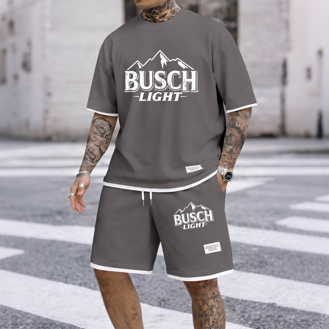 Men's Rocky Mountains Print Waffle Fabric Short-Sleeved Shirt And Shorts Set