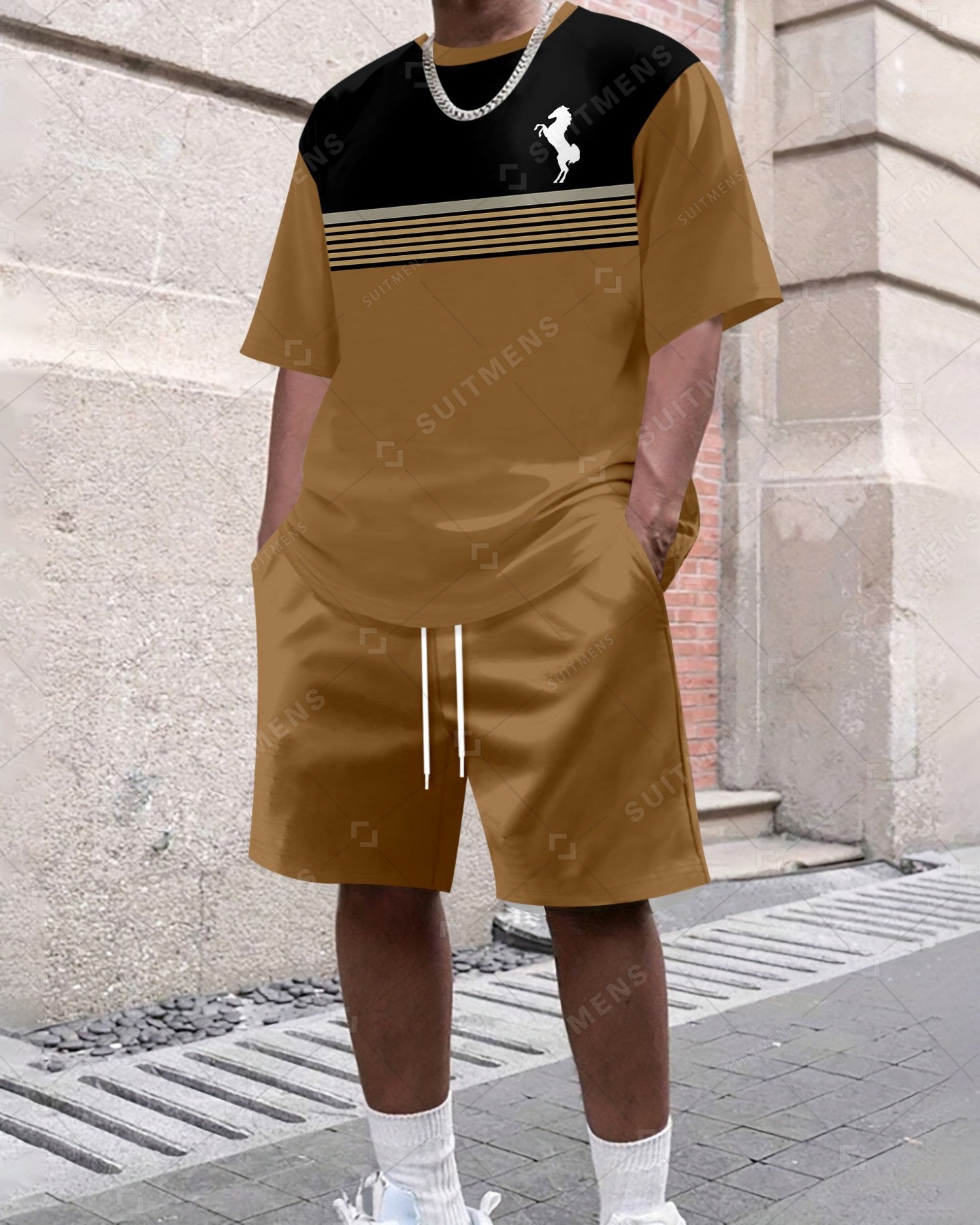 Men's Summer Colorblock Printed Round Neck Set 416