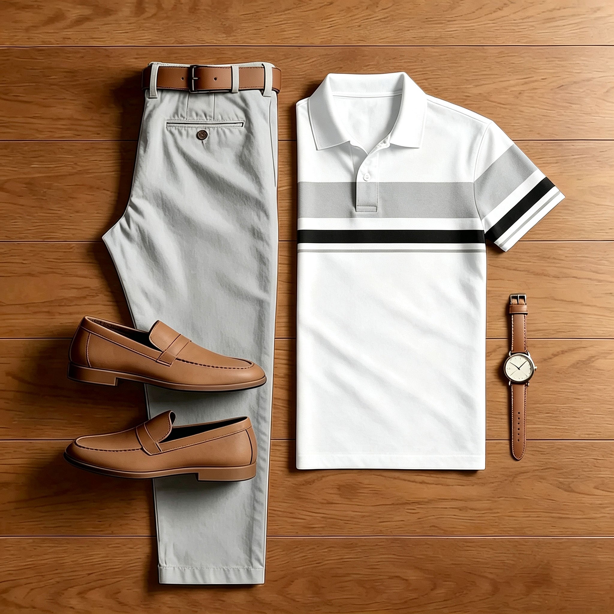 Men's Pink & White Casual Color Matching Striped Printed Short Sleeved Polo Shirt & Trousers Two-Piece Set 201766