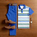 Men's Casual Royal Blue & White Color Matching Striped Printed Short Sleeved Polo Shirt & Trousers Two-Piece Set