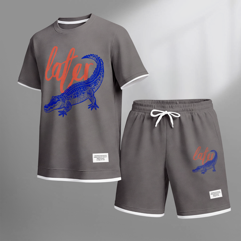 Men's Casual Style Crocodile Print Waffle Fabric Short-Sleeved Shirt And Shorts Set