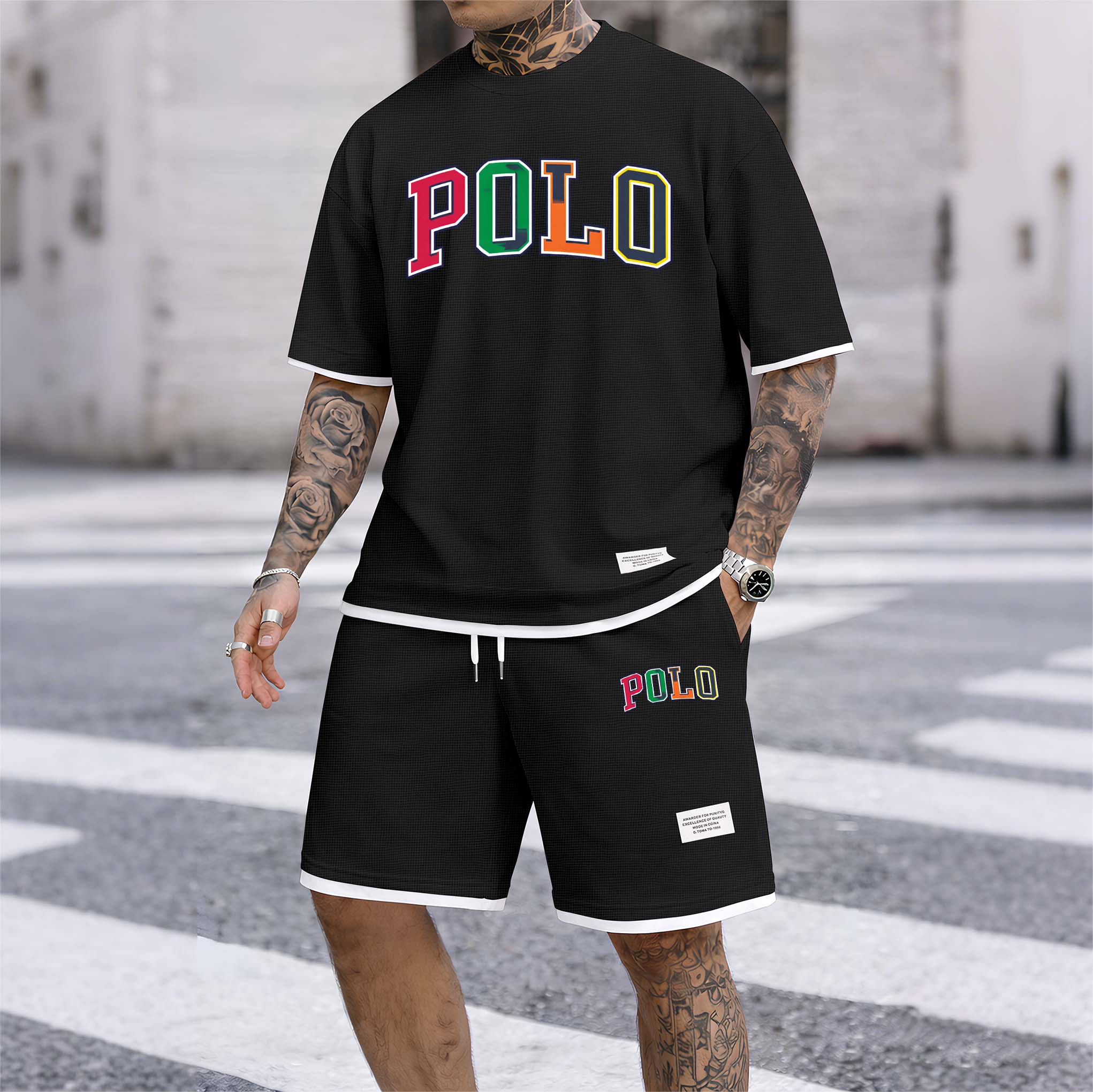 Men's Polo Print Drawstring Shorts Set For Spring/Summer. A Casual Summer Outfit, Including A Short-Sleeved Shirt And Shorts, Suitable For Everyday Wear And Sports. A Two-Piece Set For A Relaxed And Energetic Lifestyle.