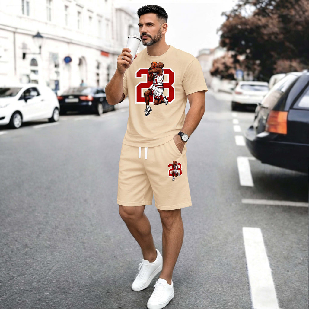 Men’s Summer 2 Piece Set, Basketball 23 Letter Print Short Sleeve T Shirt and Drawstring Shorts Matching Outfit, Lightweight Breathable Casual Set for Travel, Streetwear, Beach, Vacation, and Daily Wear