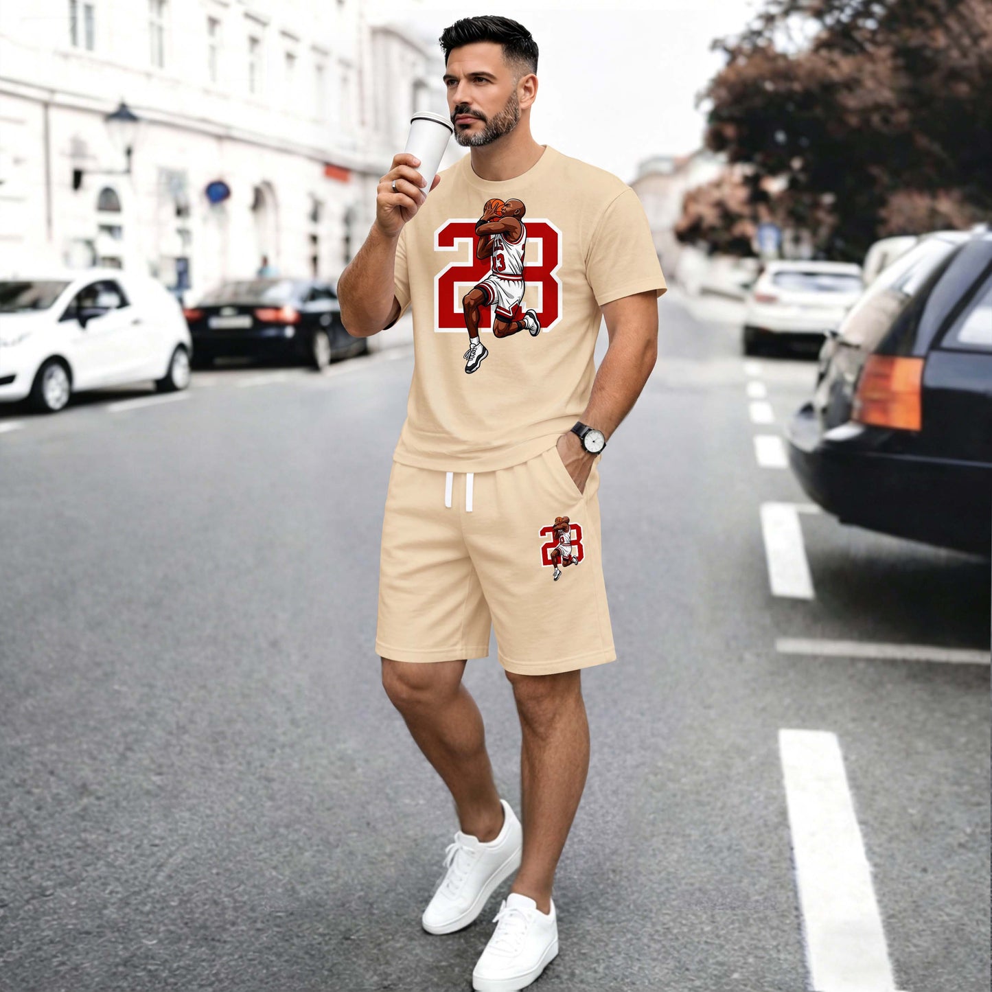 Men’s Summer 2 Piece Set, Basketball 23 Letter Print Short Sleeve T Shirt and Drawstring Shorts Matching Outfit, Lightweight Breathable Casual Set for Travel, Streetwear, Beach, Vacation, and Daily Wear